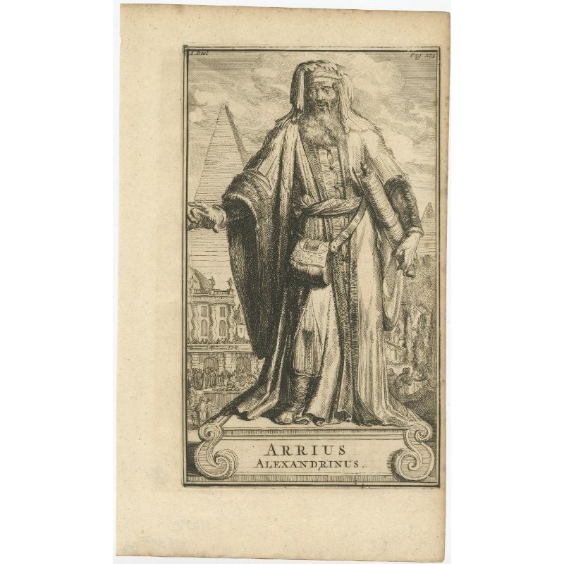 Antique portrait titled 'Arrius Alexandrinus'. Portrait of Arius. Arius was a Christian presbyter in Alexandria, Egypt of Libyan origins. His teachings about the nature of the Godhead, which emphasized the Father's divinity over the Son, and his