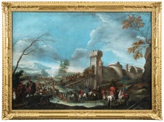 18th century Venetian landscape painting - Soldiers figures cavaliers - Italy