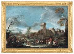 18th century Venetian landscape painting - Soldiers Knights - Oil canvas
