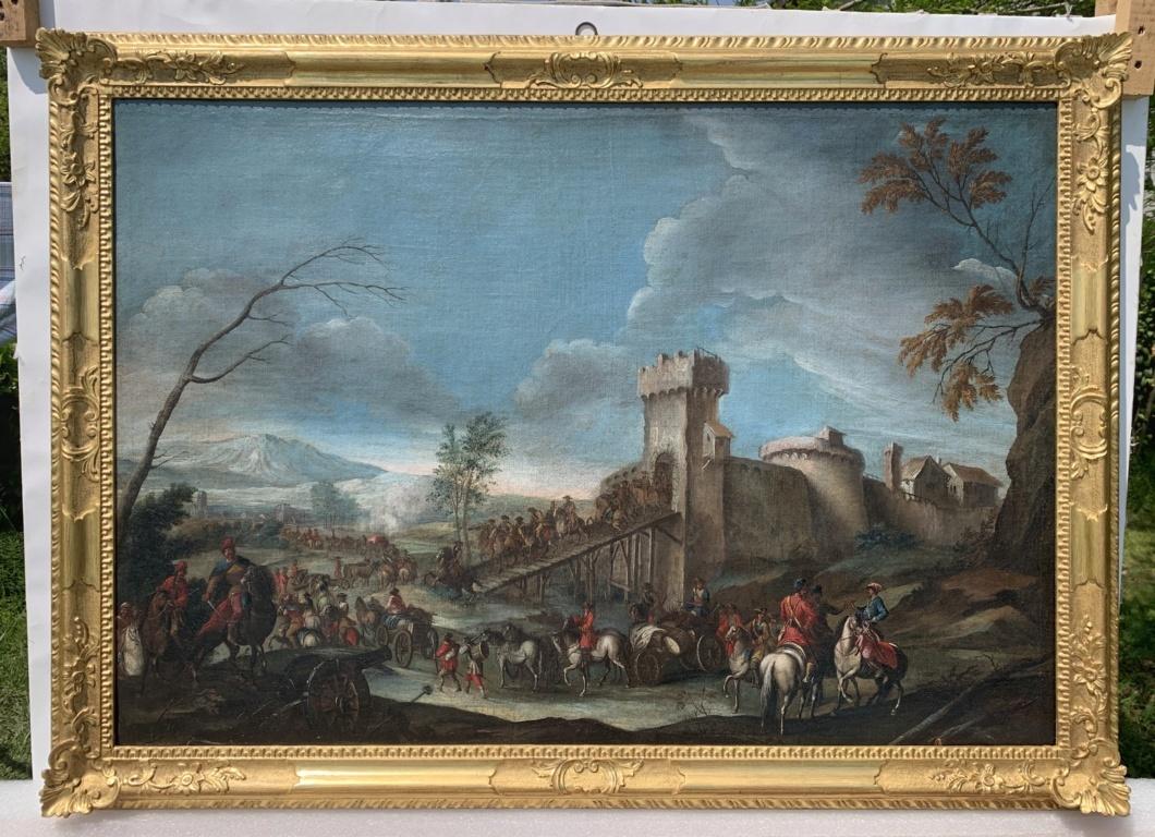Christian Reder (Leipzig 1656 - Rome 1729) - Le départ des soldats du fort.

57,5 x 108,5 cm sans cadre, 89 x 122 cm avec cadre.

Peinture à l'huile ancienne sur toile, dans un cadre en bois sculpté et doré.

- Le tableau peut être attribué à