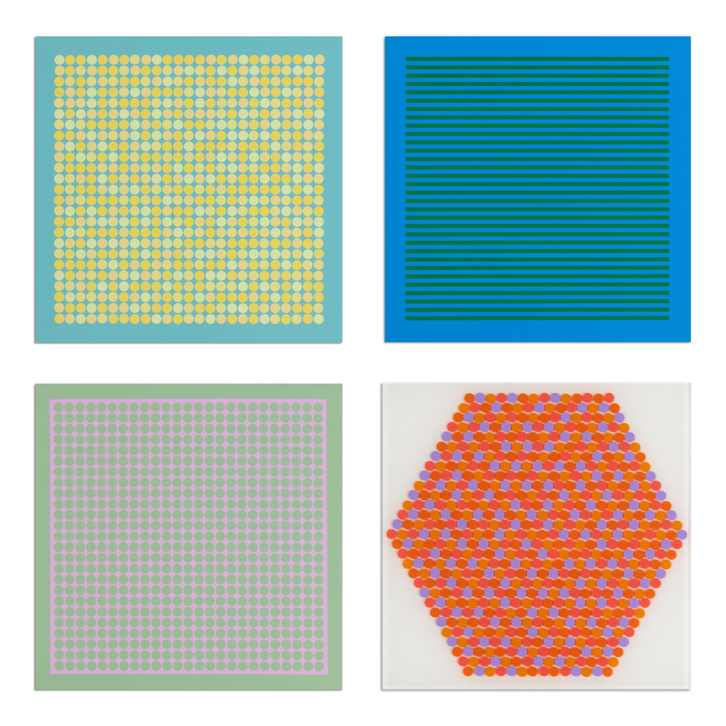 Christian Roeckenschuss (German, 1929-2011)
Strukturen, Relieffs, Engramme, 1973
Medium: Portfolio of 5 screenprints on paper (two with folds, as issued), 1 screenprint on plexiglass, 6 offset prints, 5 text pages and one title page (in cardboard