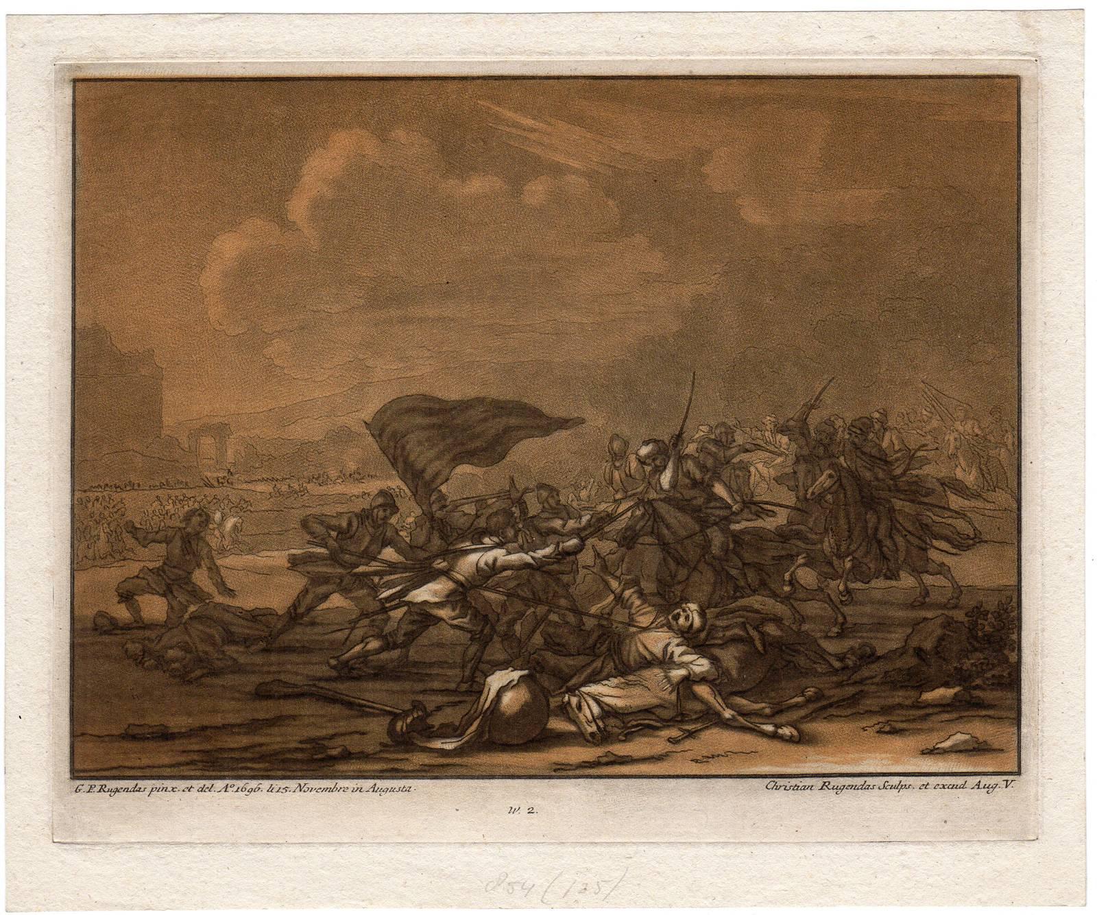 Christian Rugendas Figurative Print - Untitled - A skirmish between soldiers and cavalry.