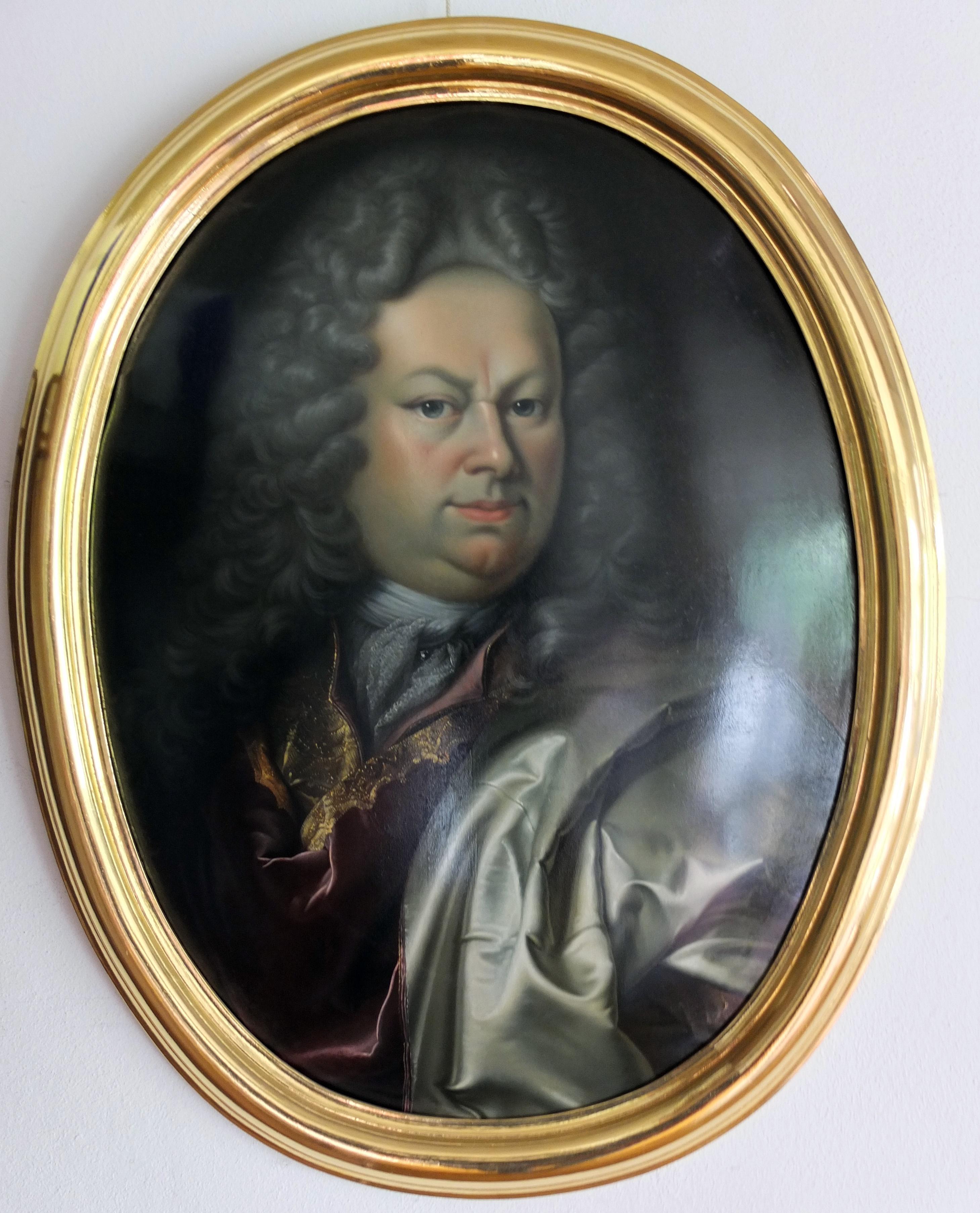 Porträt eines Gentleman, Halung, Hofmaler Schildbach, Gotha, Konvex-Kupfer – Painting von Christian Schildbach