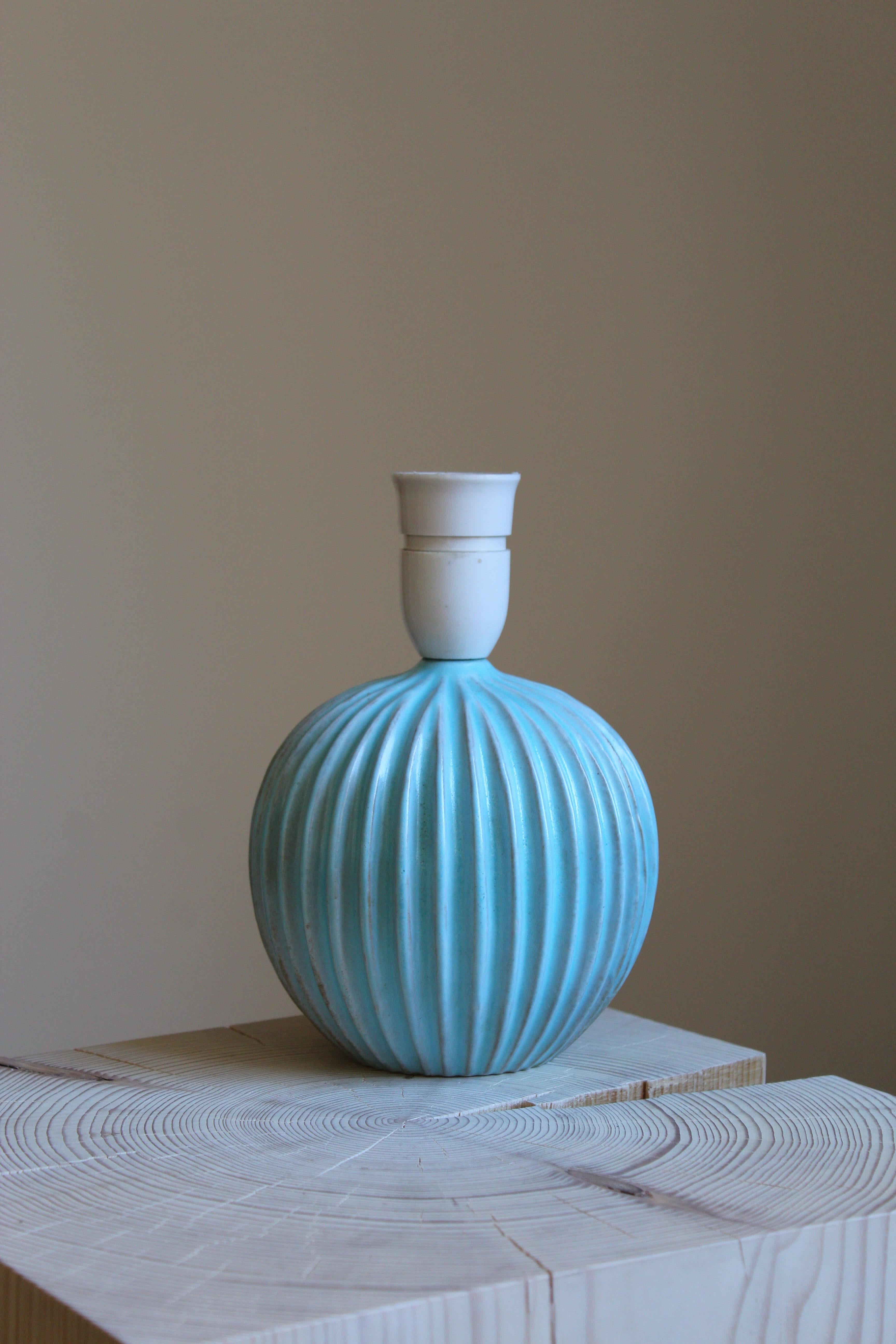 Mid-Century Modern Christian Schollert, Table Lamp, Blue-Glazed Stoneware, Linen, Denmark 1960s