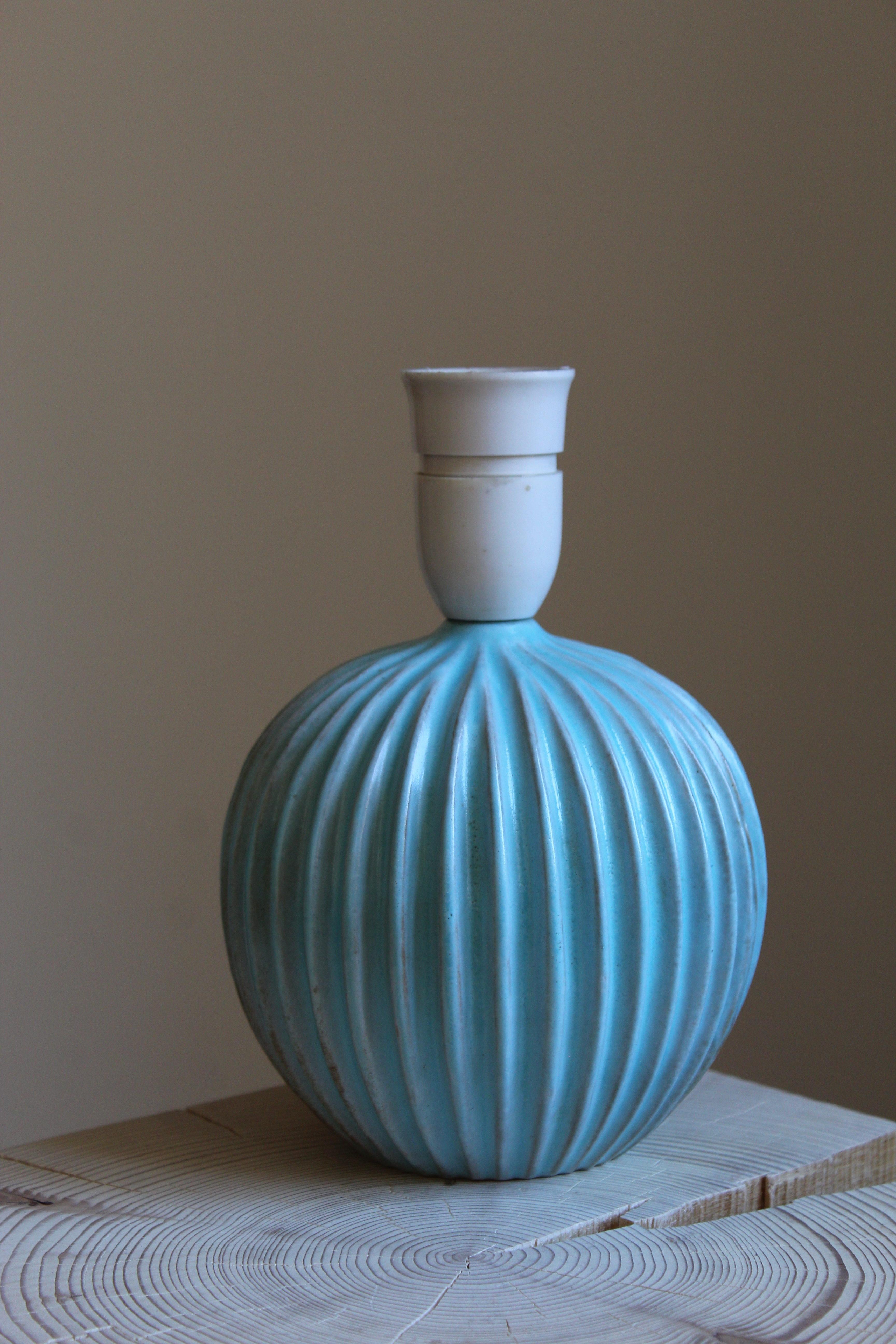 Danish Christian Schollert, Table Lamp, Blue-Glazed Stoneware, Linen, Denmark 1960s