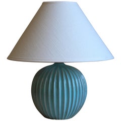 Christian Schollert, Table Lamp, Blue-Glazed Stoneware, Linen, Denmark 1960s