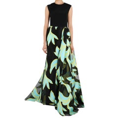 Christian Siriano Black and Turquoise Silk Printed Gown M
