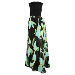Christian Siriano Black and Turquoise Silk Printed Gown M
