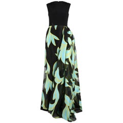 Christian Siriano Black and Turquoise Silk Printed Gown M