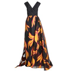 Christian Siriano Black and Yellow Silk Printed Gown S