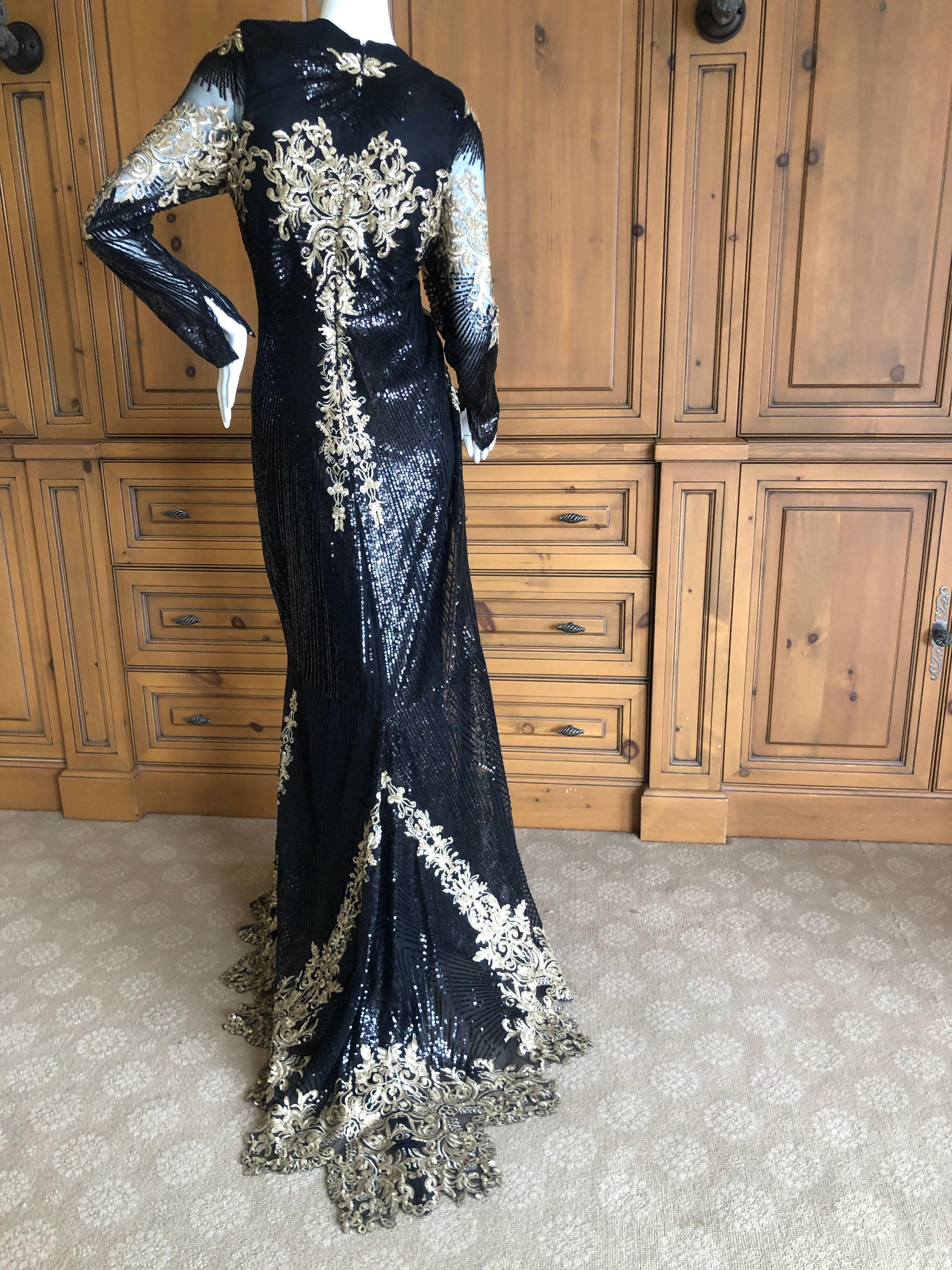 Christian Siriano Exquisitely Embellished Black and Gold Evening Dress w Train L In Excellent Condition For Sale In Cloverdale, CA