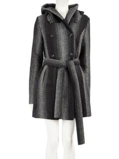 Christian Siriano Grey Wool Ombré Stripe Belted Coat Size L