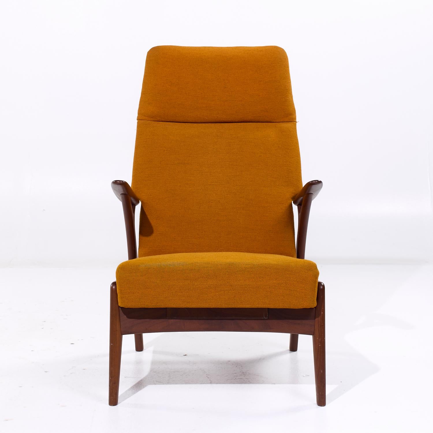 Christian Sorensen for Gorm Mobler Mid Century Danish Teak Recliner

This recliner measures: 25.75 wide x 30 deep x 41.5 high, with a seat height of 16 and arm height/chair clearance 24.5 inches
When reclined the depth is 53 inches

All pieces of