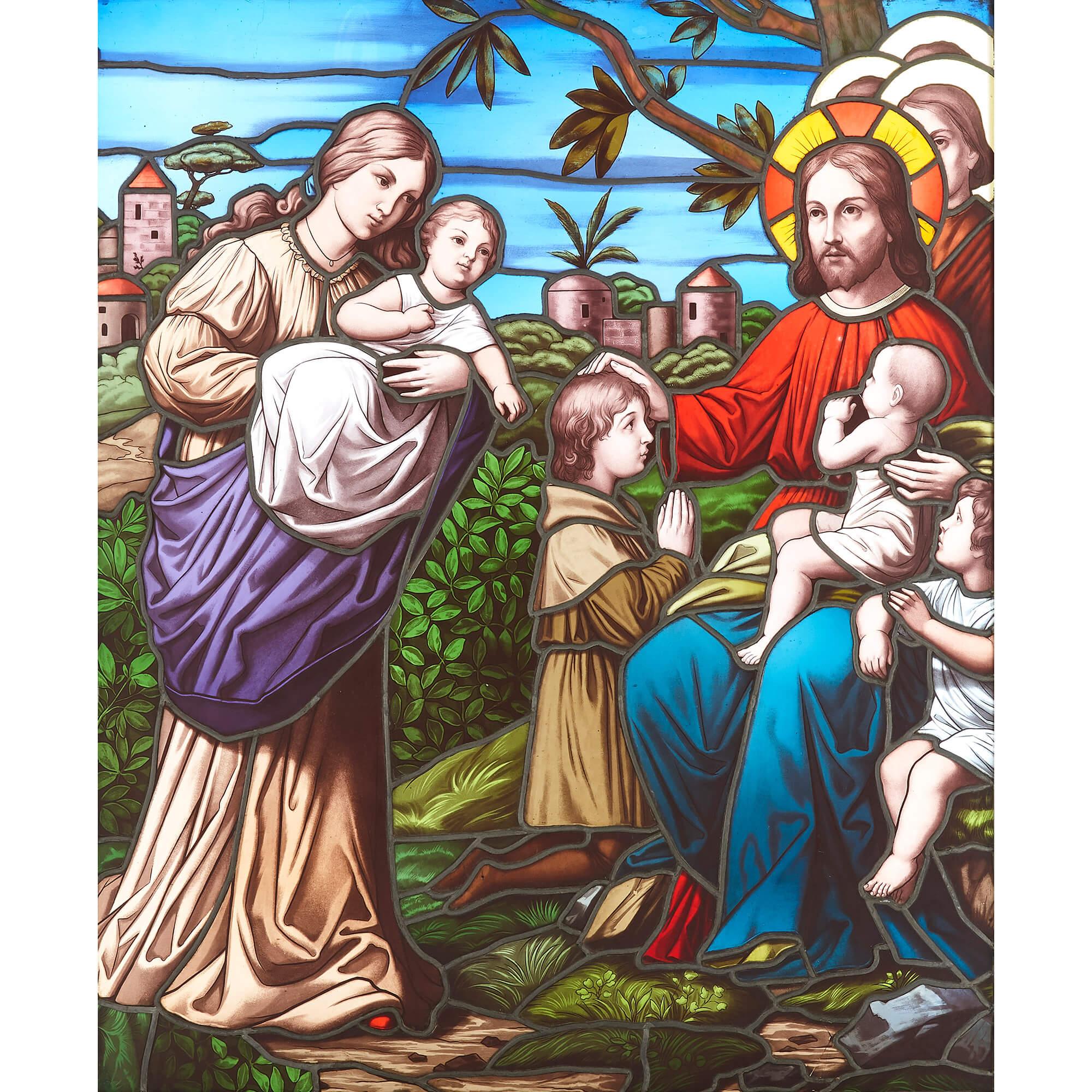Christian stained-glass window of Christ blessing children
Continental, early 20th Century
Measures: Frame: Height 112cm, width 95cm, depth 12cm
Window: Height 110cm, width 93.5cm, depth 0.5cm

The subject for this beautiful stained-glass