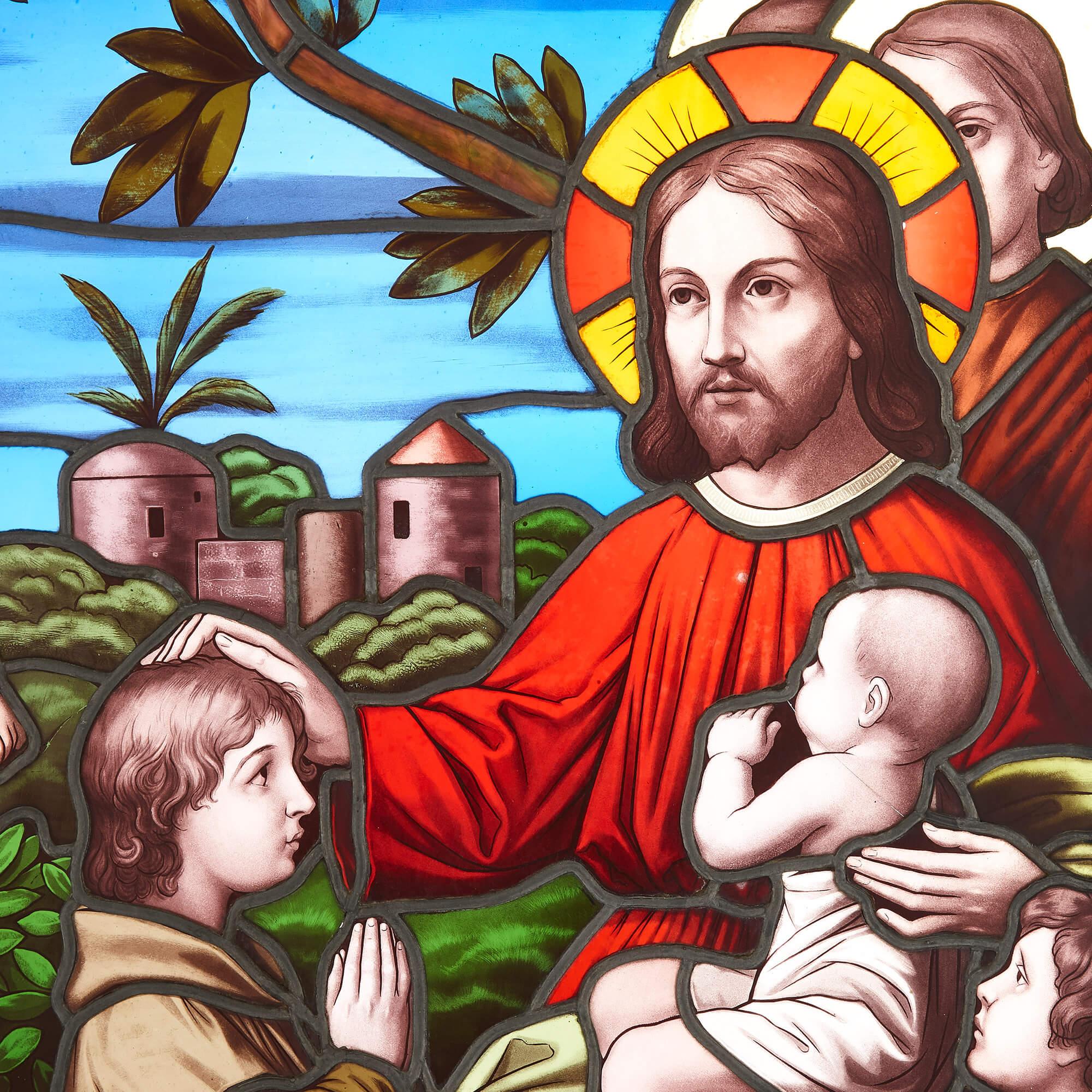 European Christian Stained-Glass Window of Christ Blessing Children For Sale
