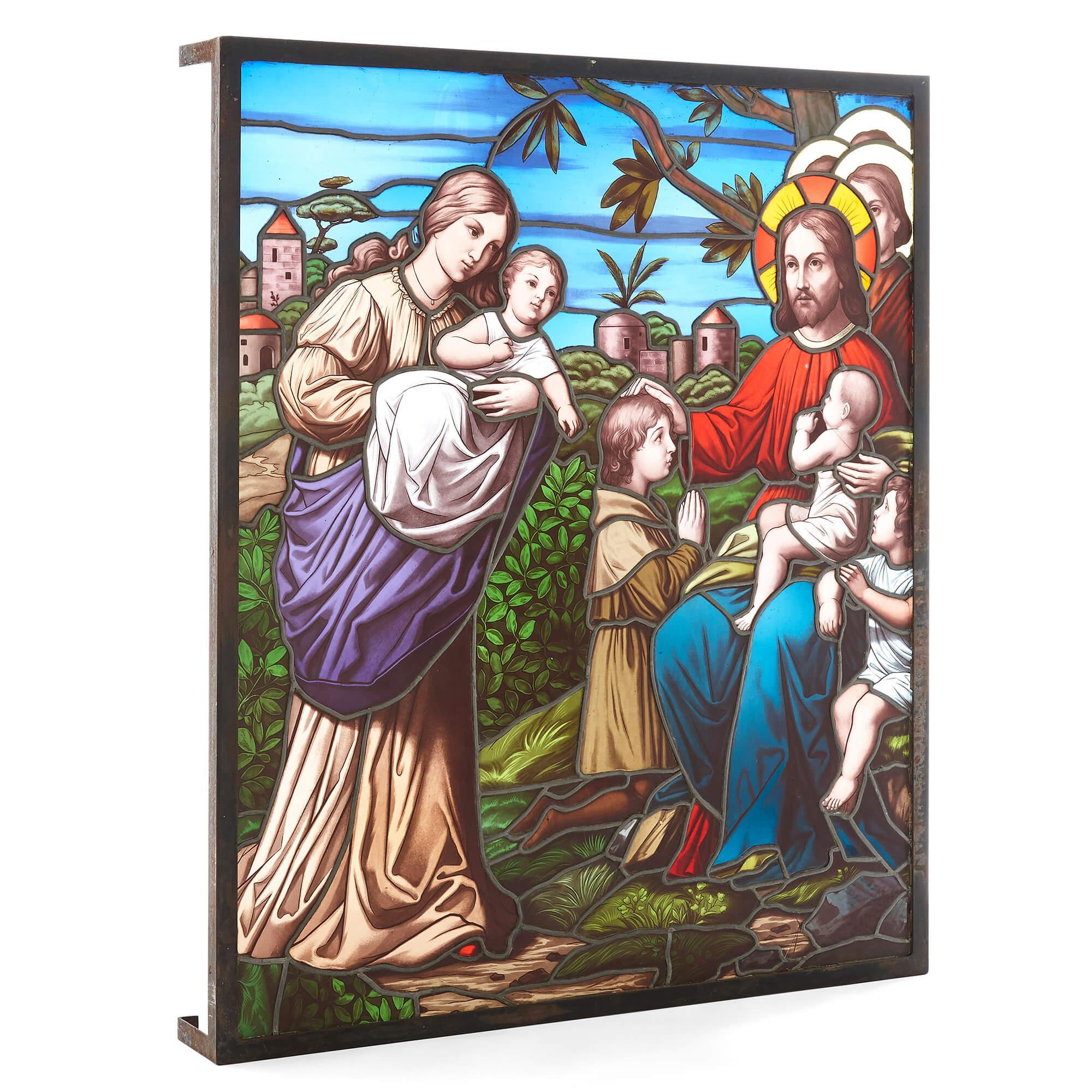 20th Century Christian Stained-Glass Window of Christ Blessing Children For Sale