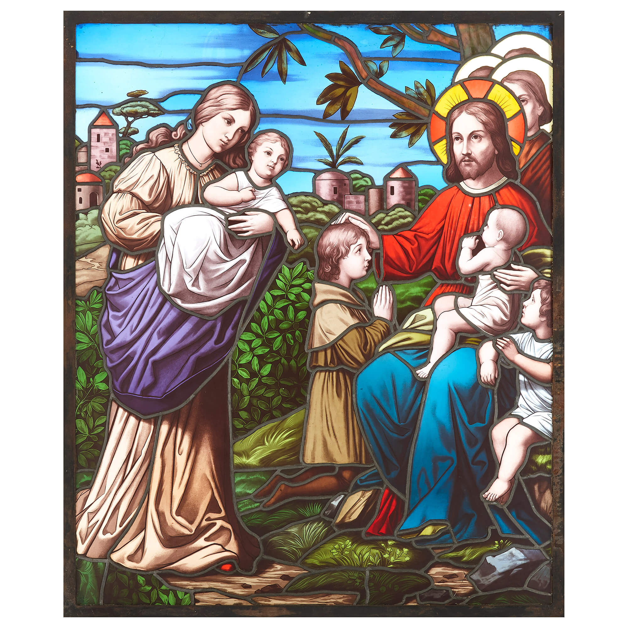 Christliches Buntglasfenster mit Christus, der Kinder segnet