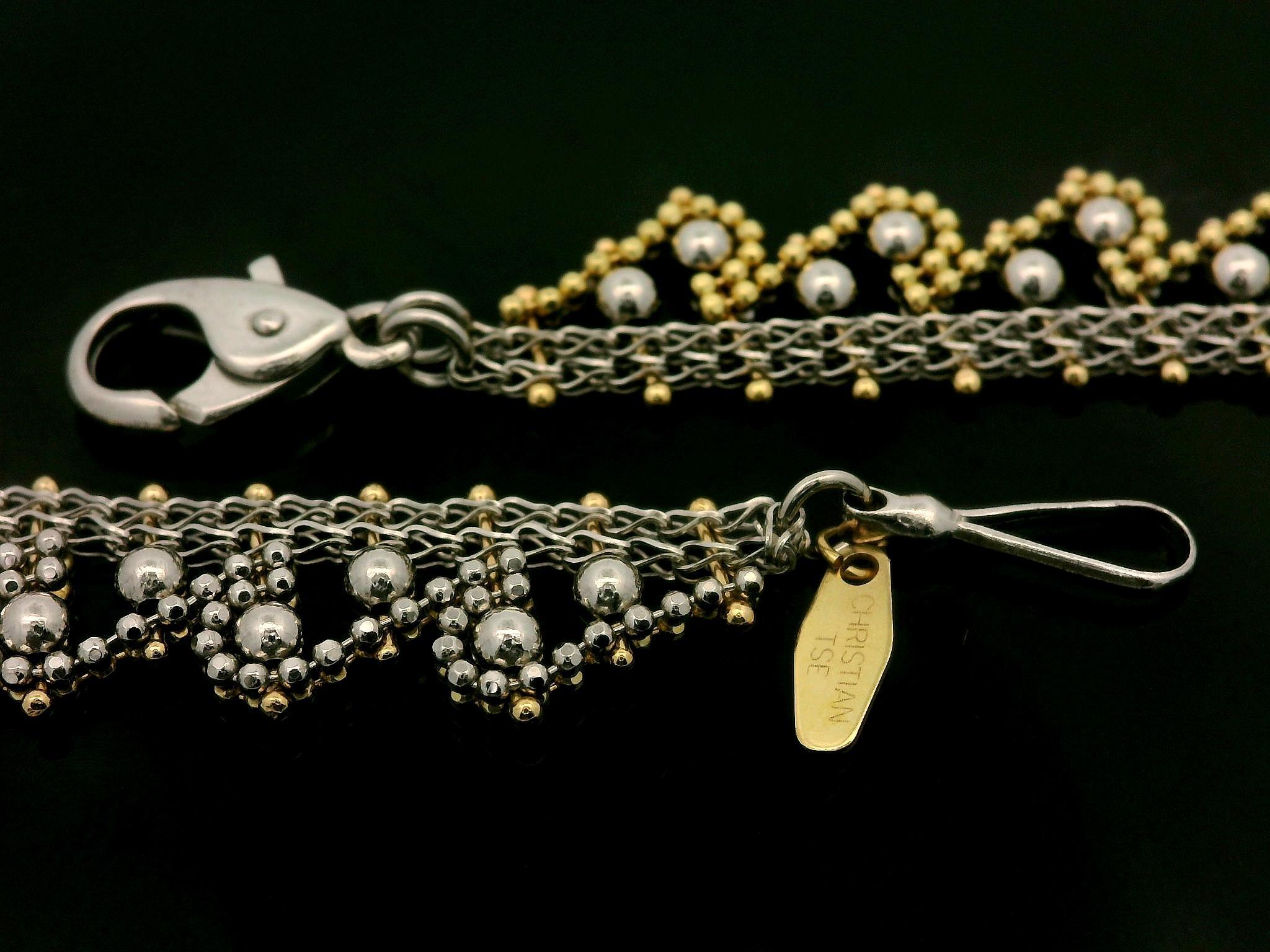 Christian Tse 18k Yellow Gold & Platinum Mesh Link Necklace Textured Bead Drop 1
