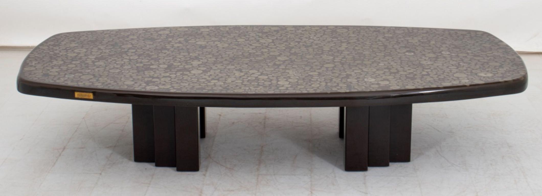 Christian Urekels Belgian Modern Coffee Table, signed to plaque on edge, resin top with inlaid pyrite or mica above enameled steel base. 

Dealer: S138XX