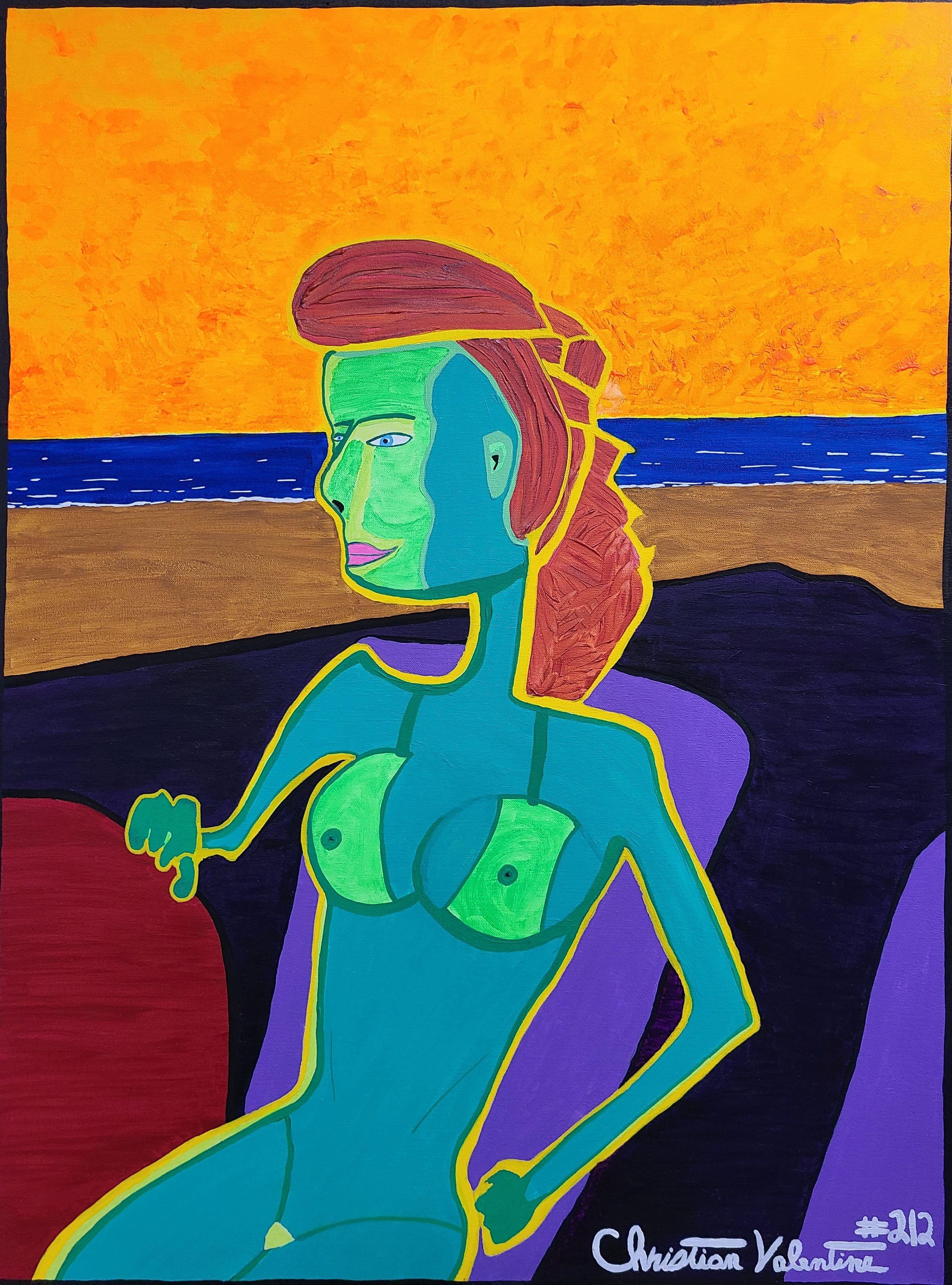 Fille à la plage, peinture, acrylique sur toile - Painting de Christian Valentine