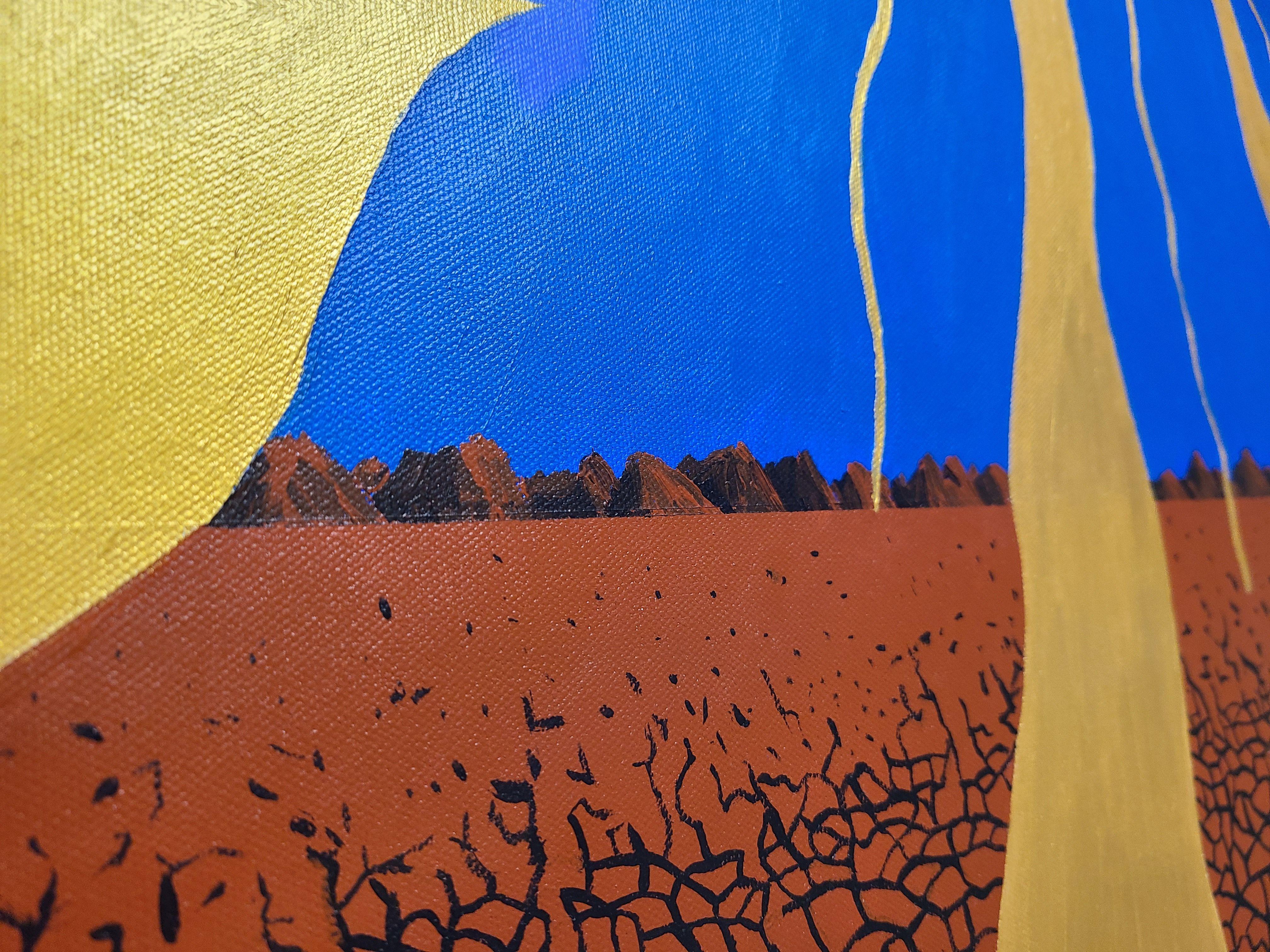 Ampio e luminoso panorama surreale e soleggiato del deserto. Bellissimo e struggente. (Anche il mio dipinto preferito).  Opera d'arte originale dipinta a mano su tela tesa con jesso e verniciata per proteggerla e renderla più bella :: Pittura ::
