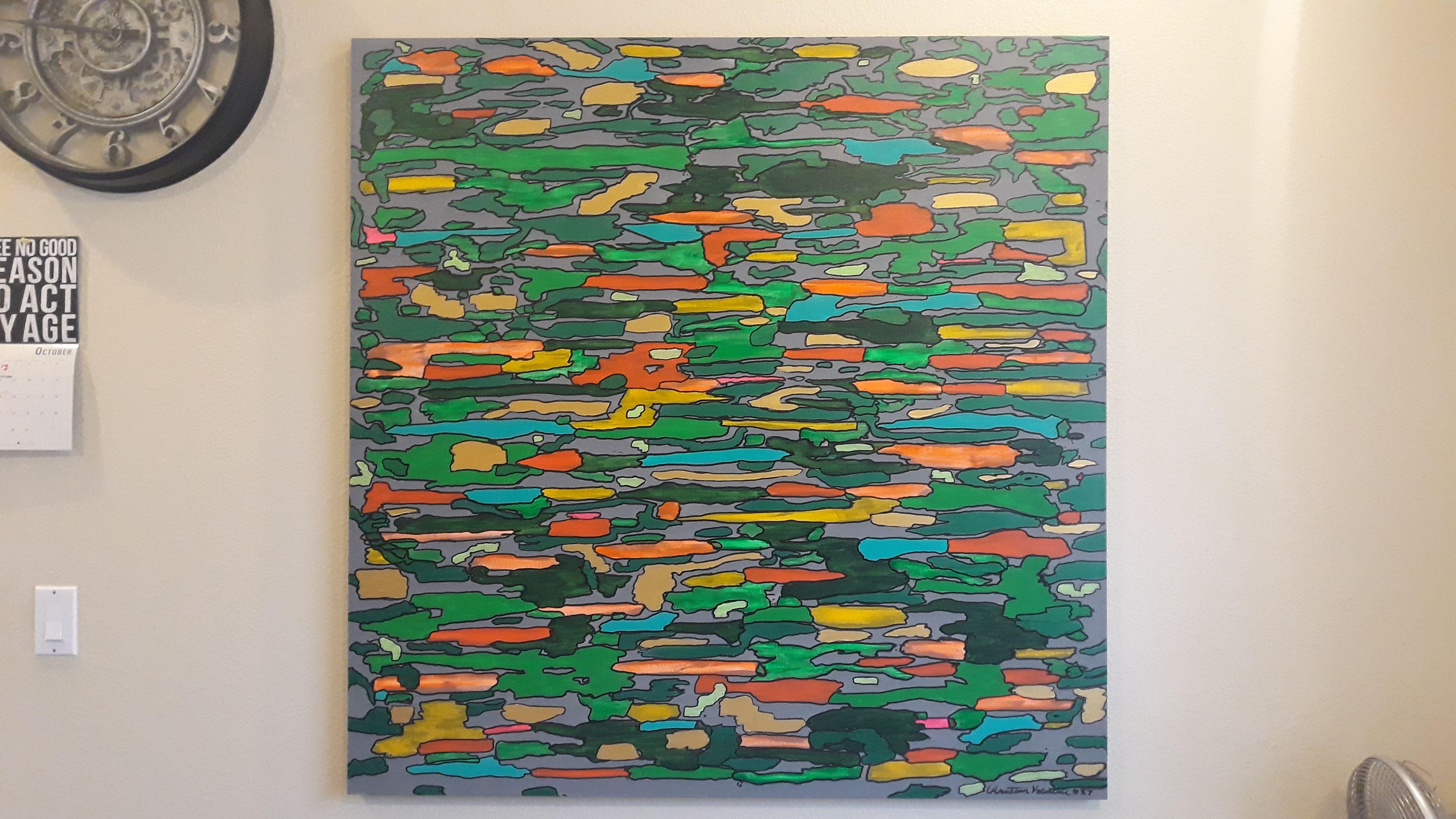 Colors in a sort of camouflage pattern bring a feeling of solidness and strength to this handsome and large piece.  Hand painted original piece of art on stretched canvas and varnished for protection and beauty :: Painting :: Abstract :: This piece