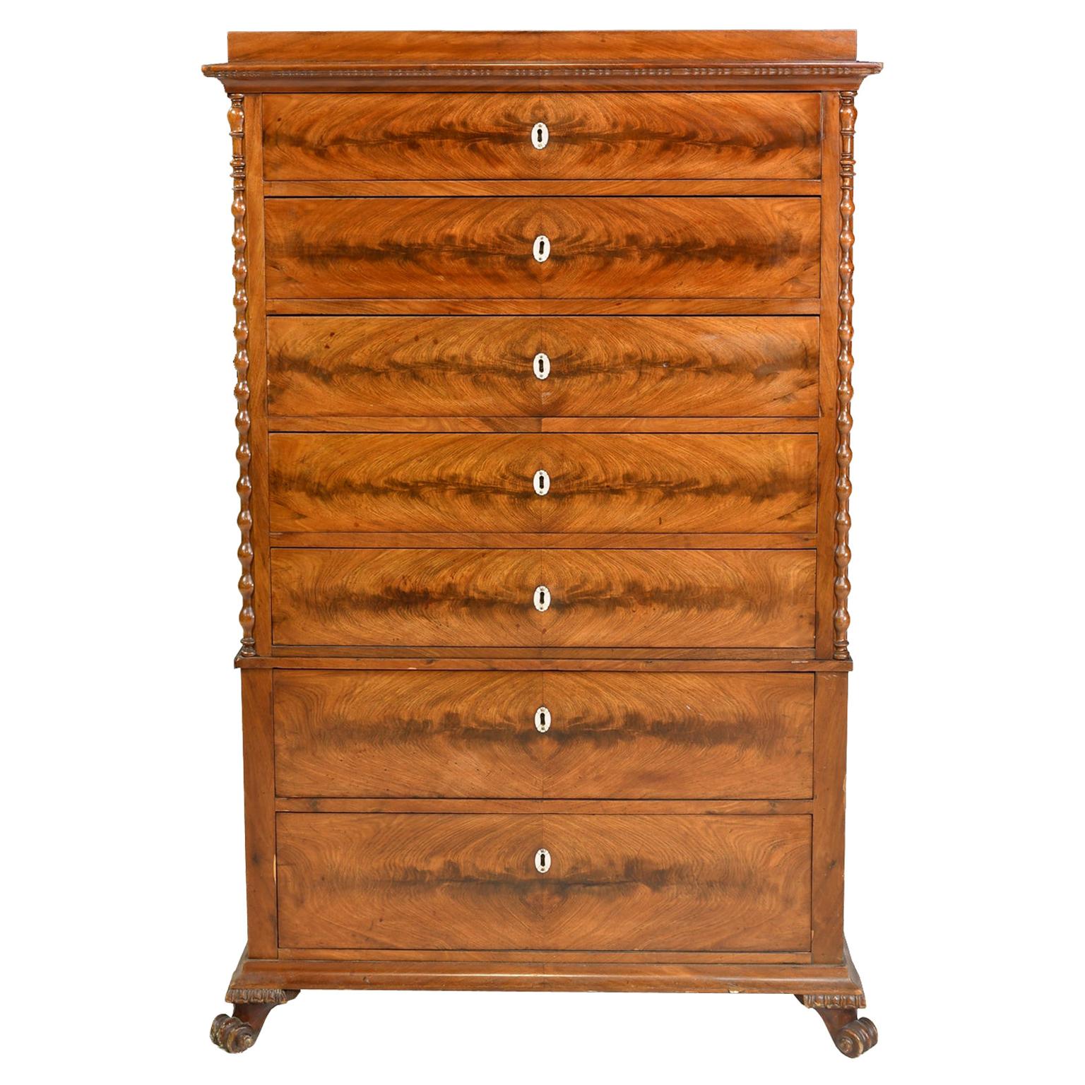 Christian VIII Danish Tall Chest of Drawers with Snail Foot in Mahogany, c. 1835