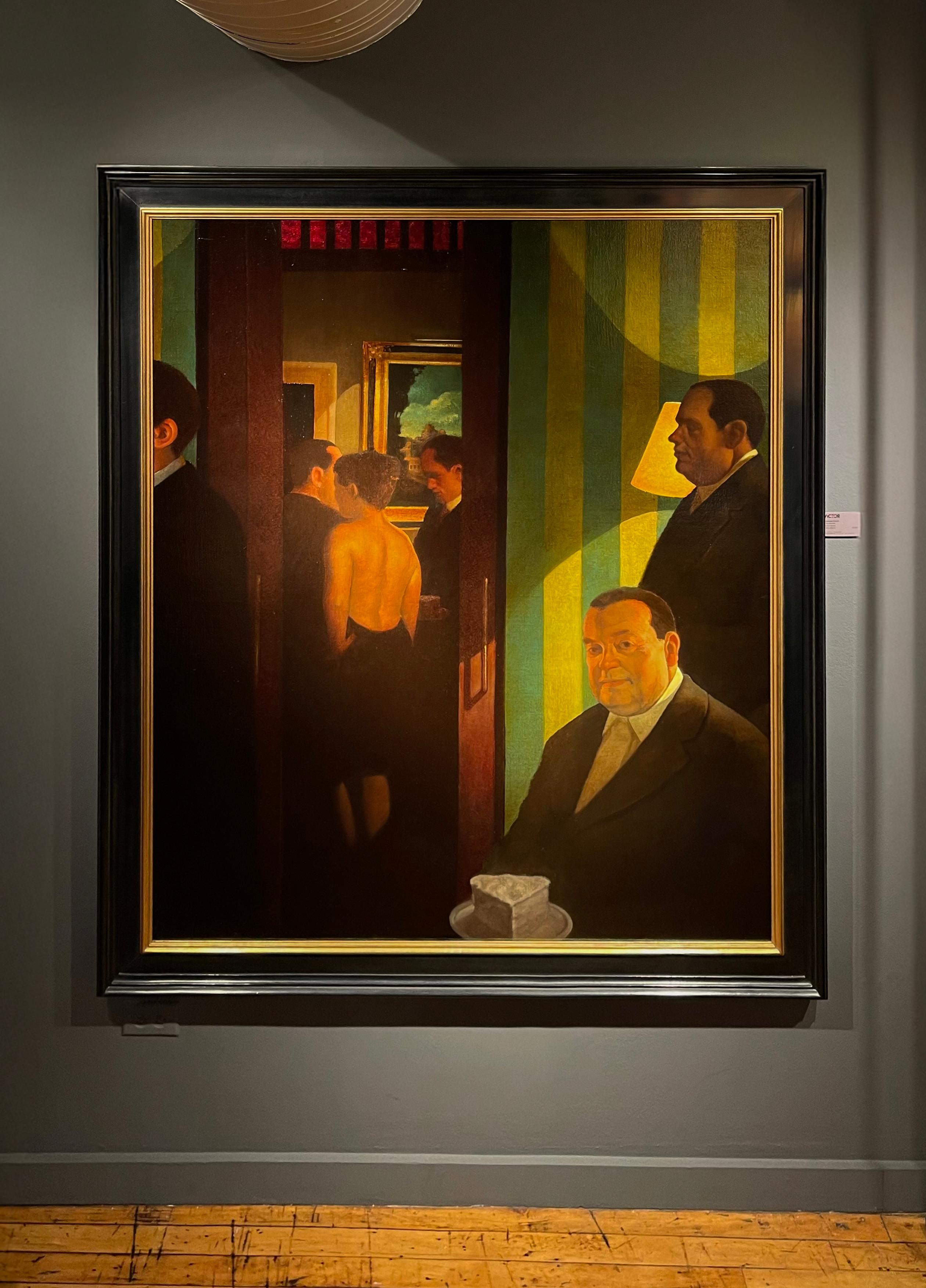 Die Kundschaft, Provokatives figuratives Ölgemälde, großformatig, gerahmt – Painting von Christian Vincent