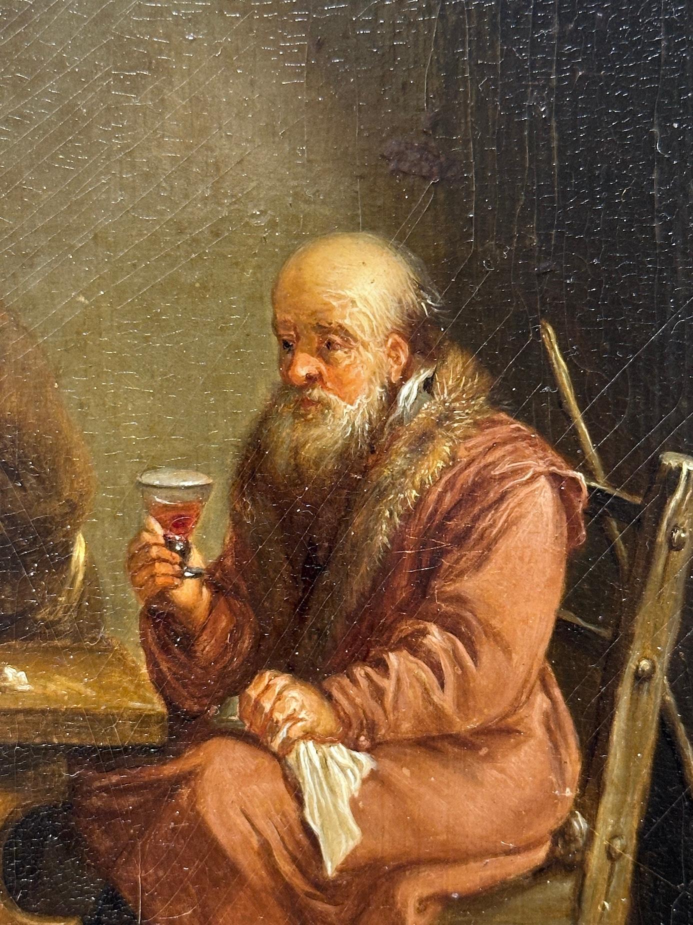 Intérieur d'un ancien hôtel de style maître avec trois hommes buvant autour d'une table - Painting de Christian Wilhelm Ernest Dietrich