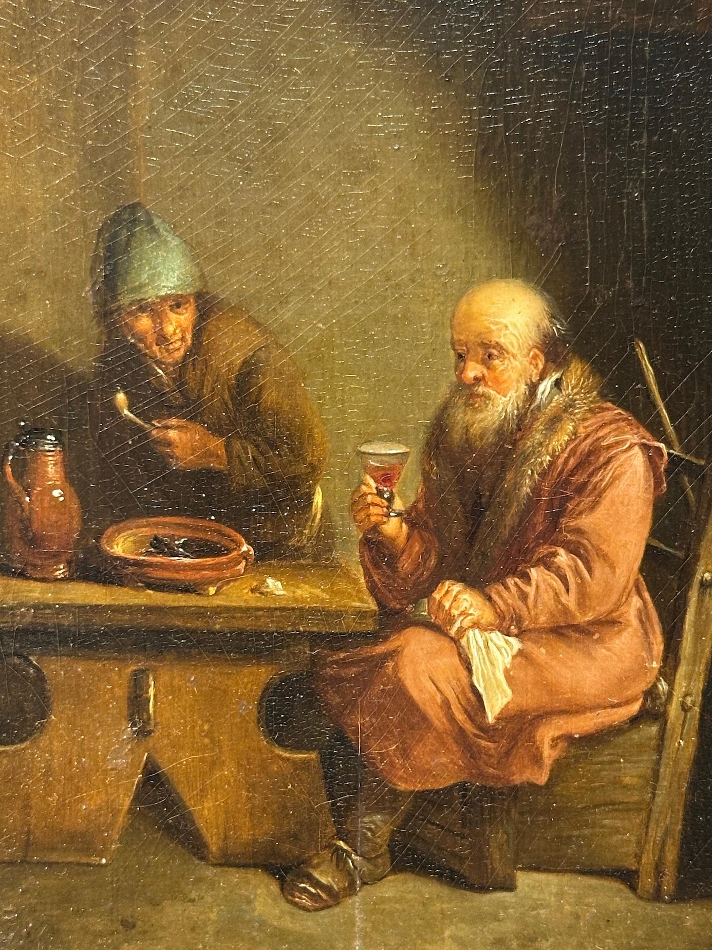 Intérieur d'un ancien hôtel de style maître avec trois hommes buvant autour d'une table - Marron Interior Painting par Christian Wilhelm Ernest Dietrich