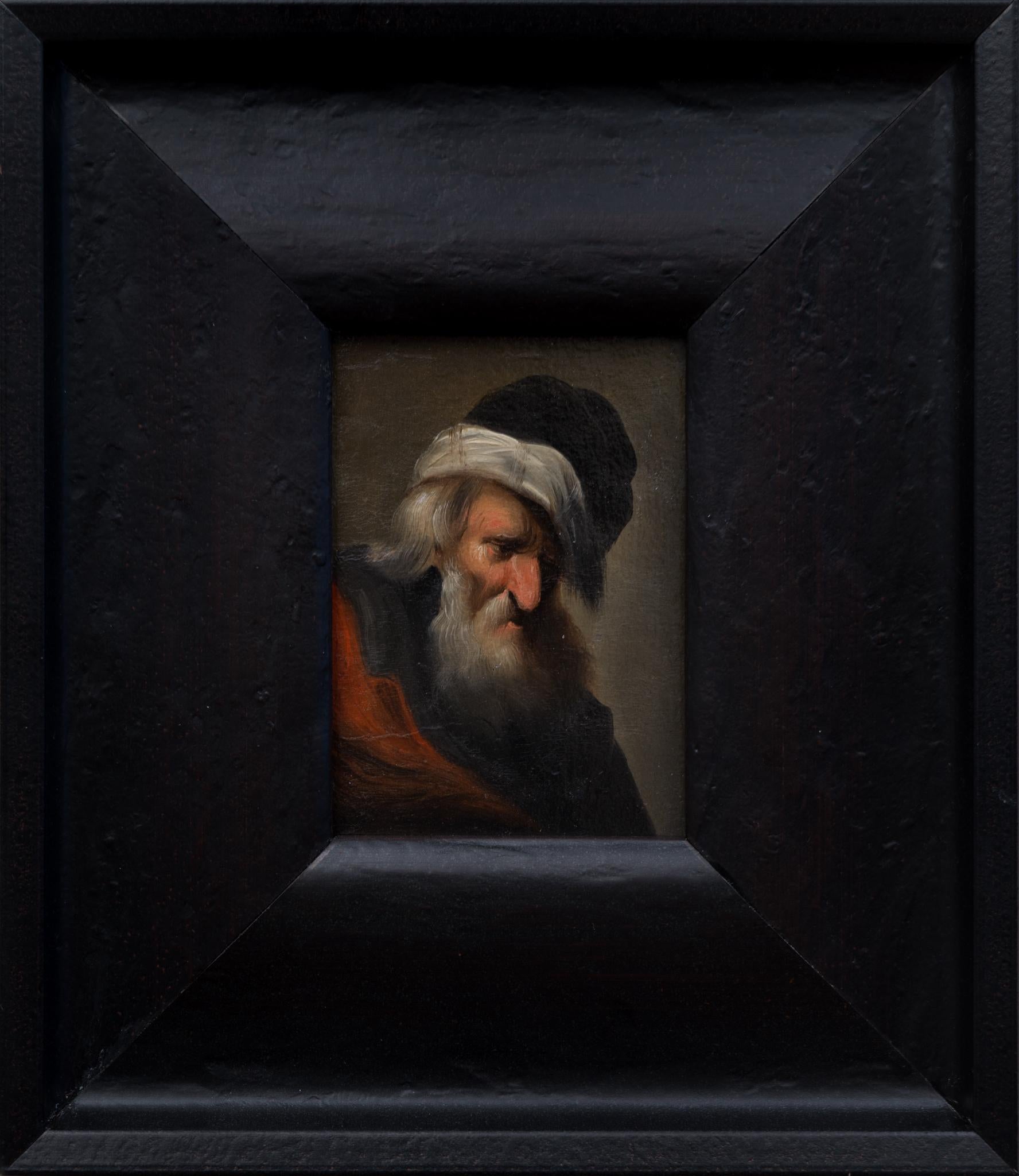 Portrait of an old Man with a Beard, Credit Card Size, Oil on Paper, Late 1700s - Painting by Christian Wilhelm Ernst Dietrich