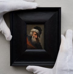 Antique Portrait of an old Man with a Beard, Credit Card Size, Oil on Paper, Late 1700s