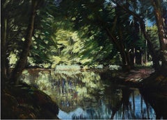 Still Standing Stream with Shading Trees and Sunlit Clearing, 19th century oil.