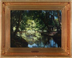 Stream still Standing with Shading Trees and Sunlit Clearing, 19th century oil.