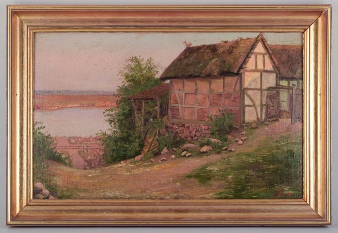 Christian Zacho (1843-1913), well listed Danish artist.
Oil on artist board. 
Danish summer landscape. Thatched-roof house by a lake overlooking fields.
Monogrammed and dated 98 (1898).
In excellent condition, would benefit from cleaning.
Image