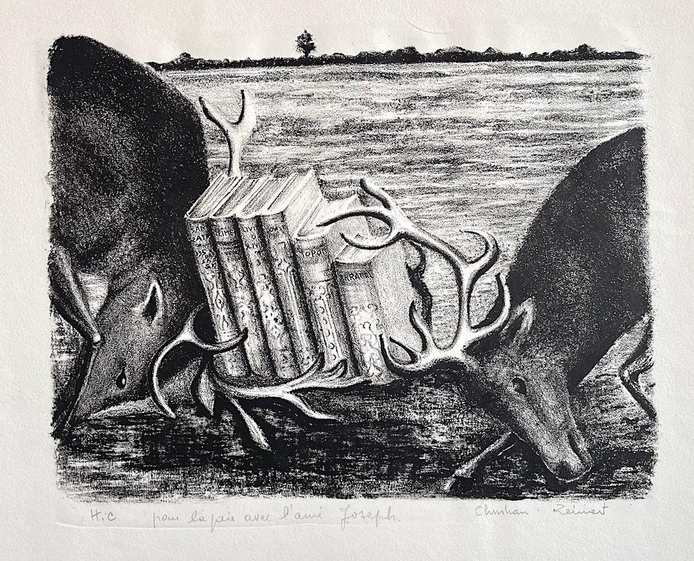  ELK FIGHT Signed Lithograph, Surrealist Group, Panic Movement, Arrabal, Topor - Print by Christian Zeimert