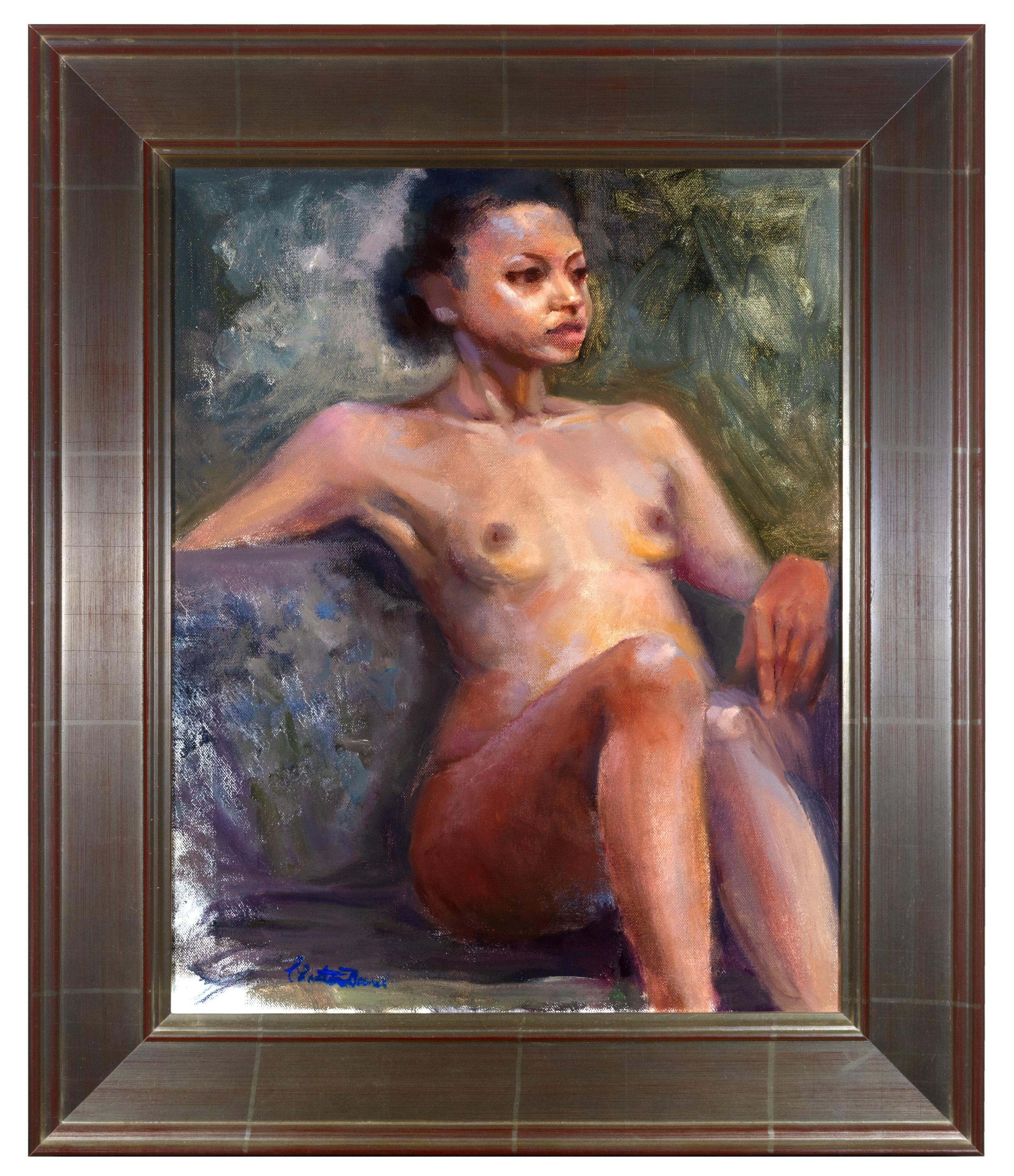 Christiane Bouret is a painter that works with oil paint to create figurative artworks and portraits, and the present painting is an excellent example of her work. In the image, we see the languid pose of a nude woman, resting on a green couch.