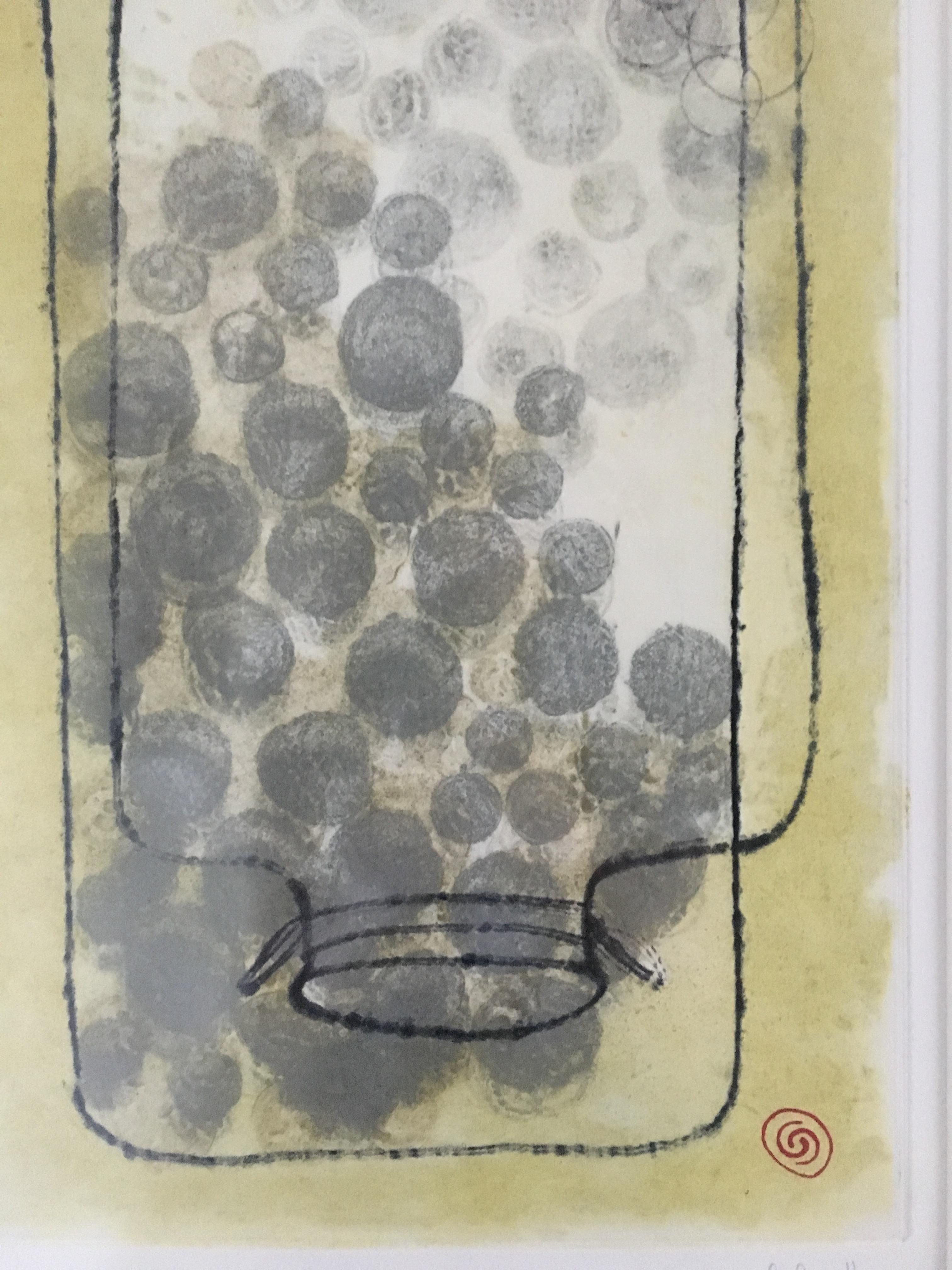 This artwork is a framed Carborundum Collagraph by artist Christiane Corcelle. The size (35 x 28 in.) includes the frame.

Printmaking and installation are Corcelle’s primary forms of artistic expression. Corcelle’s prints are based on a perpetual