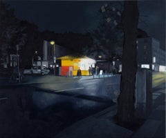 C G Scmidt, Imbiss, painting of a diner at night in the manner of Edward Hopper