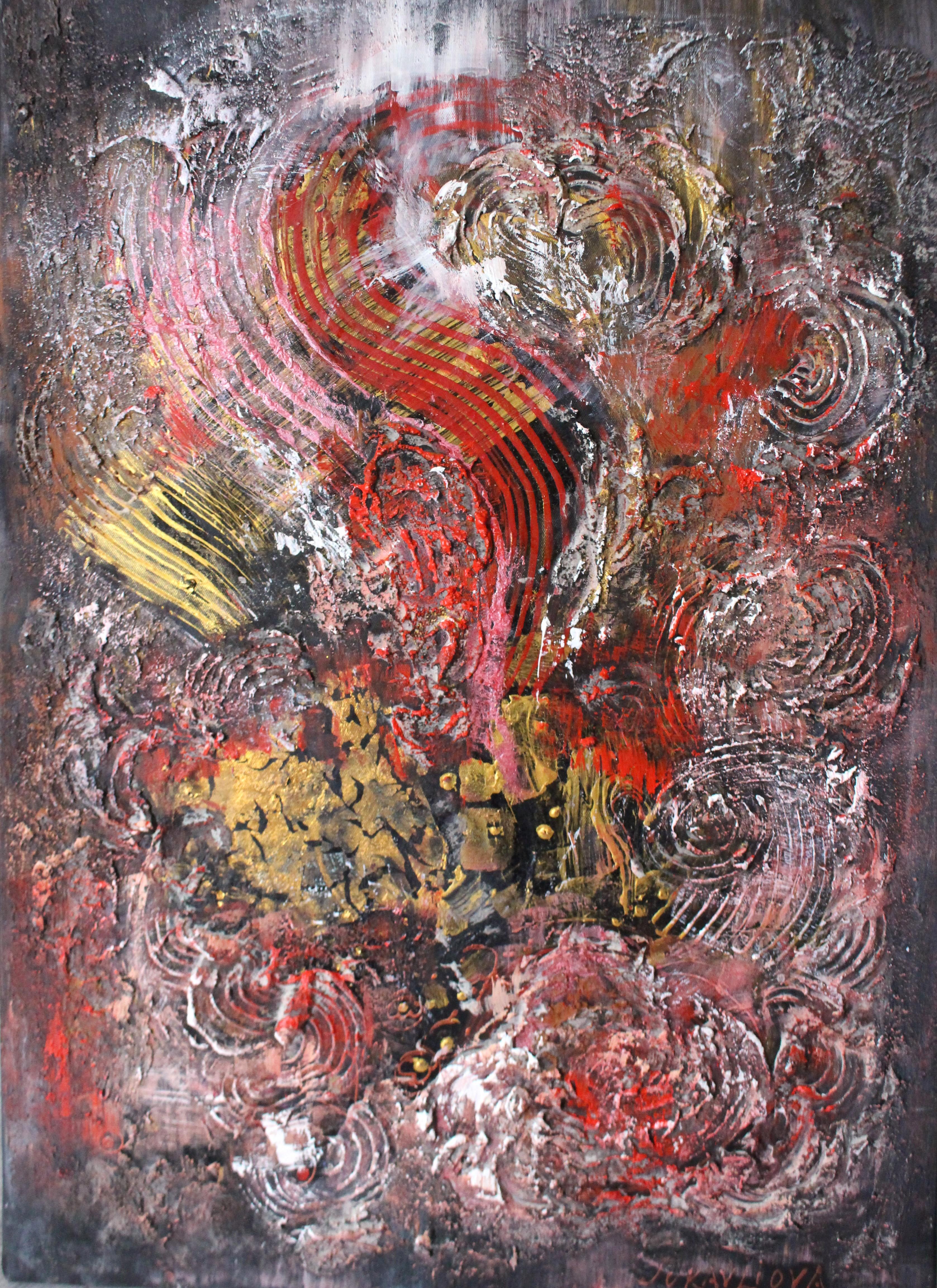 French Contemporary Art by Liubov Juravliova - Abstrait Rouge et Doré - Painting by Christiane Hess 