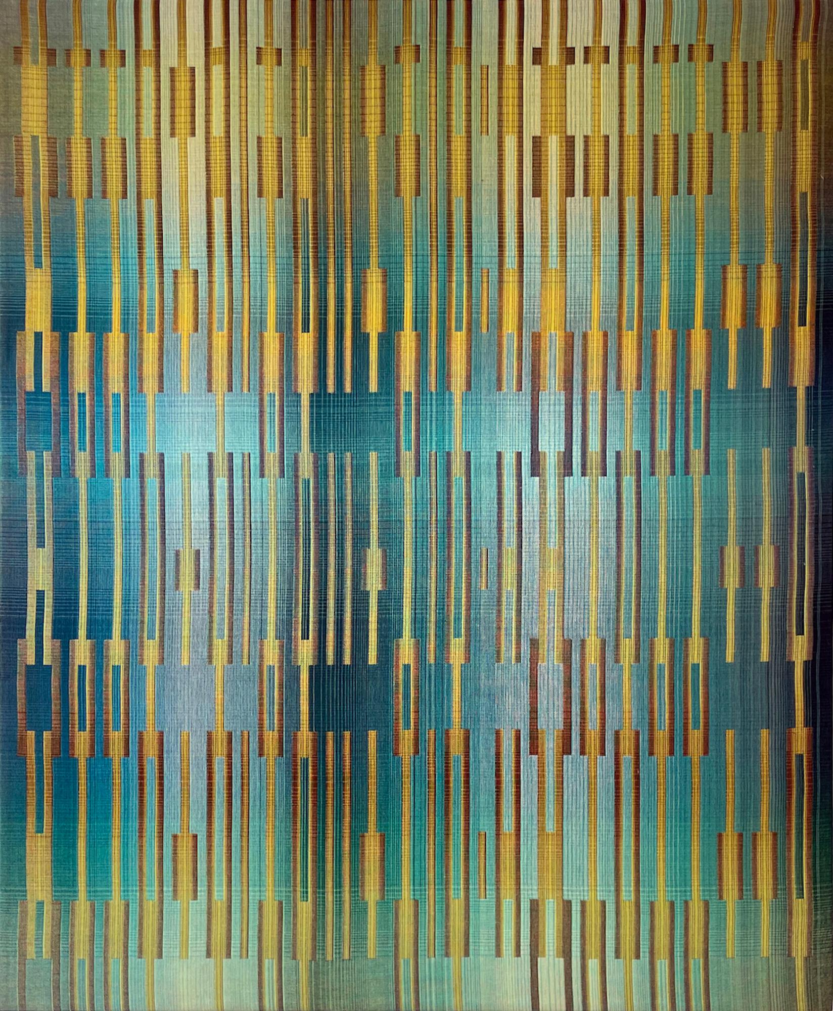 2020 V is a unique textile (double weave, handwoven cotton stretched on frame) artwork by contemporary artist Christiane Maurer, dimensions are 125 × 95 cm (49.2 × 37.4 in). 
The artwork is signed, sold unframed and comes with a certificate of