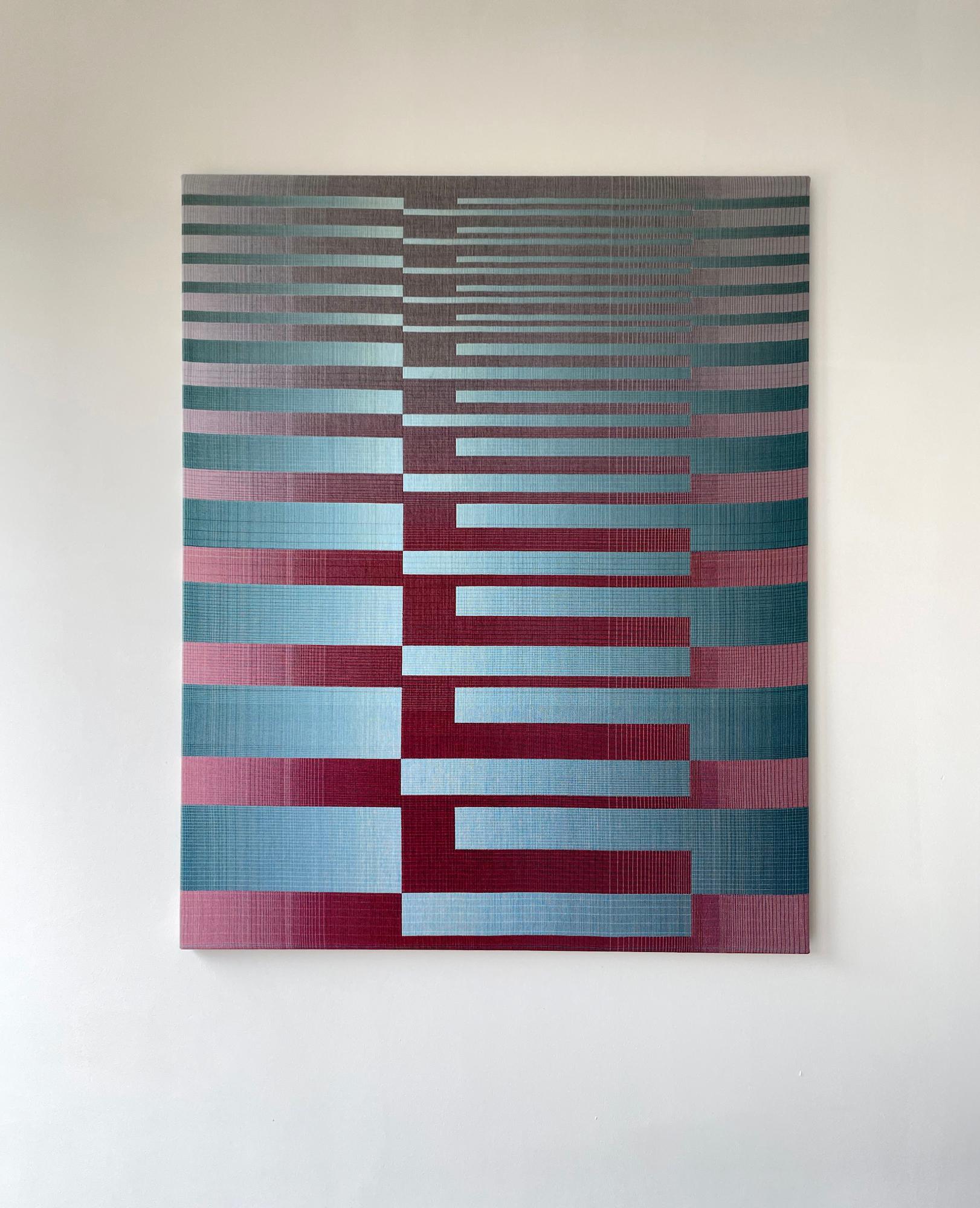 2022I-9 von Christiane Maurer – Textil, geometrisch, in blauen und burgunderroten Blau- und Burgundertönen gehalten im Angebot 1