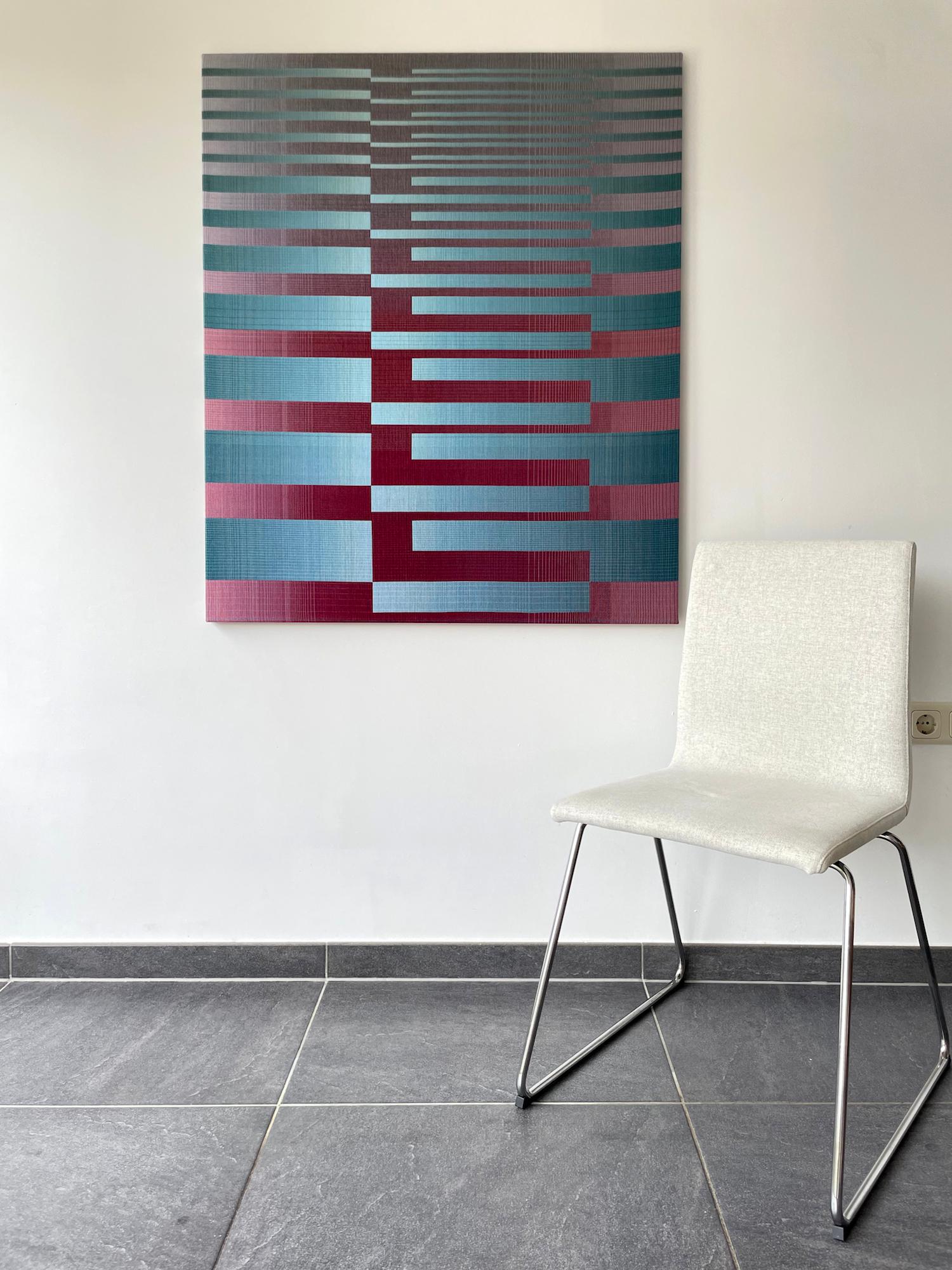 2022I-9 von Christiane Maurer – Textil, geometrisch, in blauen und burgunderroten Blau- und Burgundertönen gehalten im Angebot 3