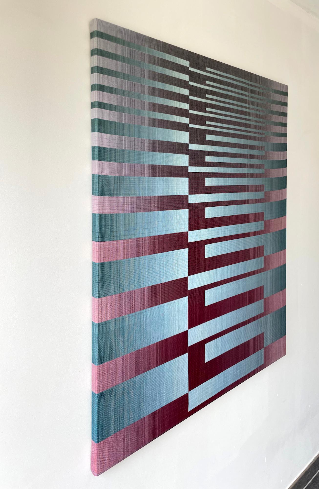 2022I-9 von Christiane Maurer – Textil, geometrisch, in blauen und burgunderroten Blau- und Burgundertönen gehalten im Angebot 4