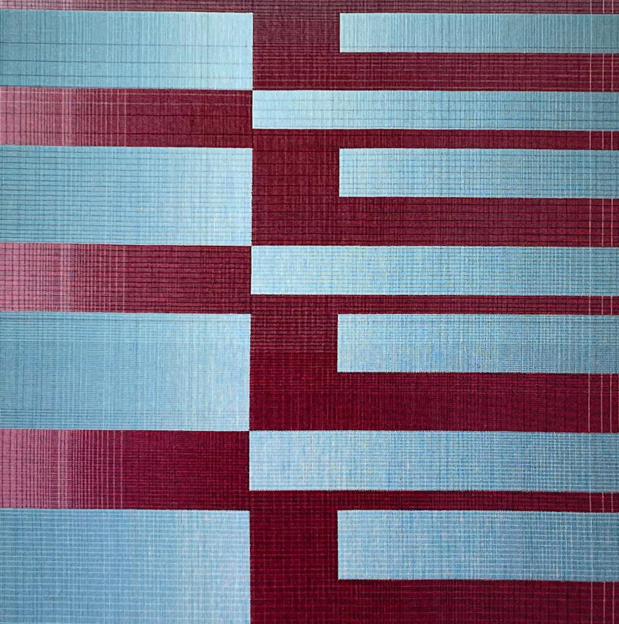 2022I-9 von Christiane Maurer – Textil, geometrisch, in blauen und burgunderroten Blau- und Burgundertönen gehalten im Angebot 6