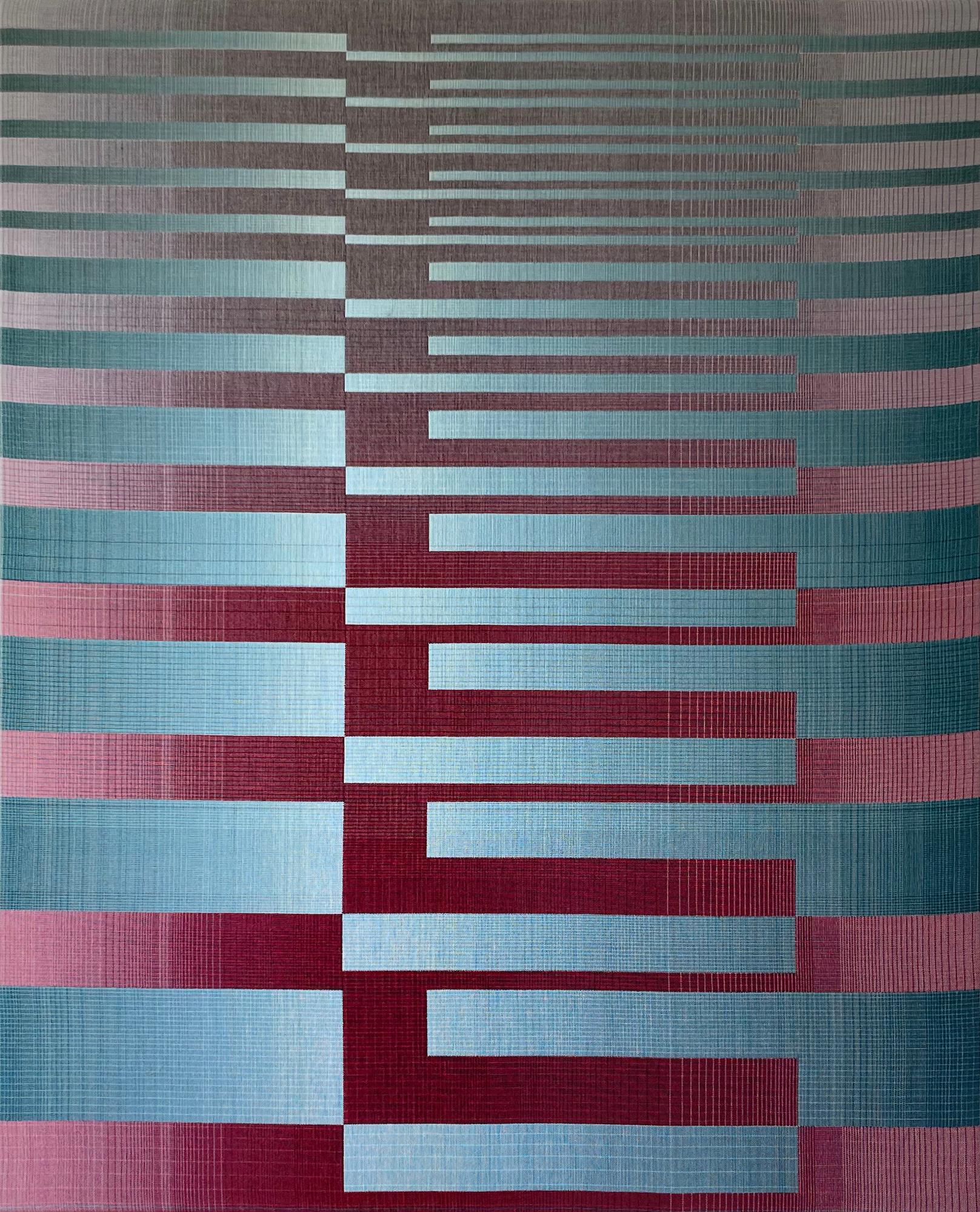 2022I-9 von Christiane Maurer – Textil, geometrisch, in blauen und burgunderroten Blau- und Burgundertönen gehalten