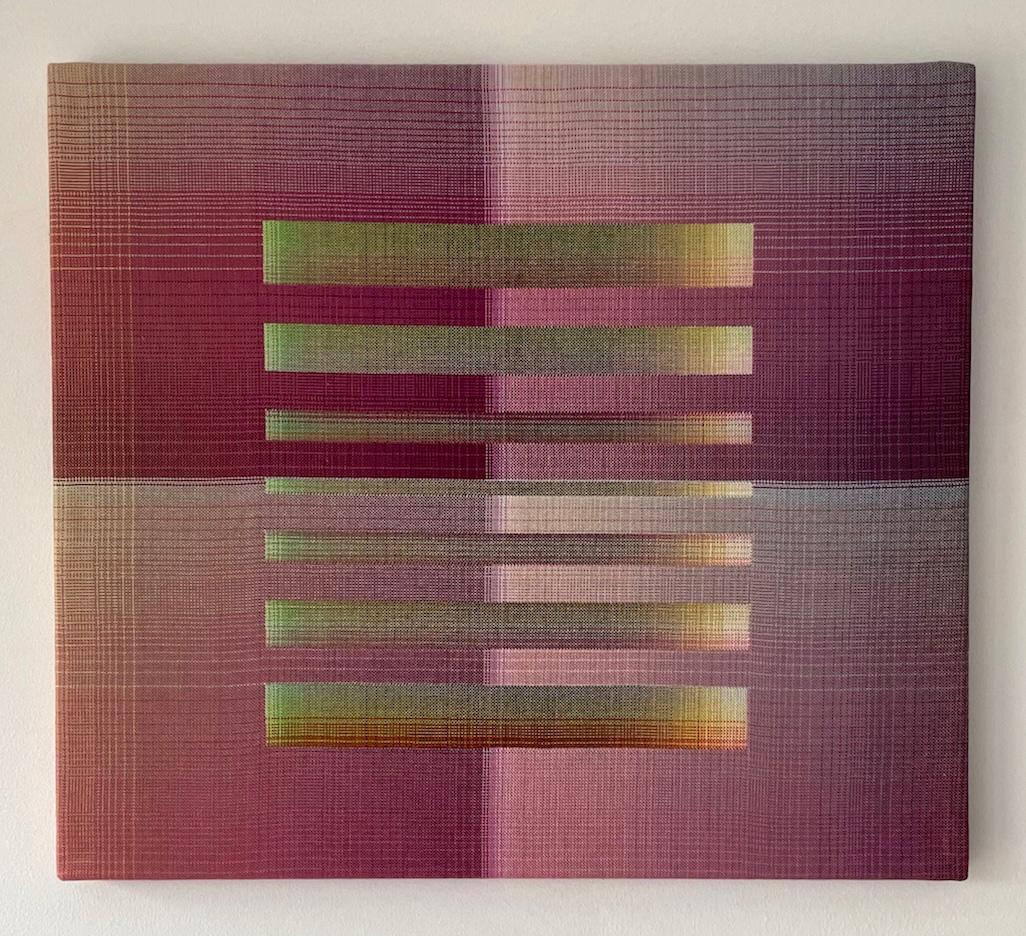 2023 III – 11 is a unique textile (double weave, handwoven cotton stretched on frame) artwork by contemporary artist Christiane Maurer, dimensions are 40 × 45 cm (15.7 × 17.7 in). 
The artwork is signed, sold unframed and comes with a certificate of