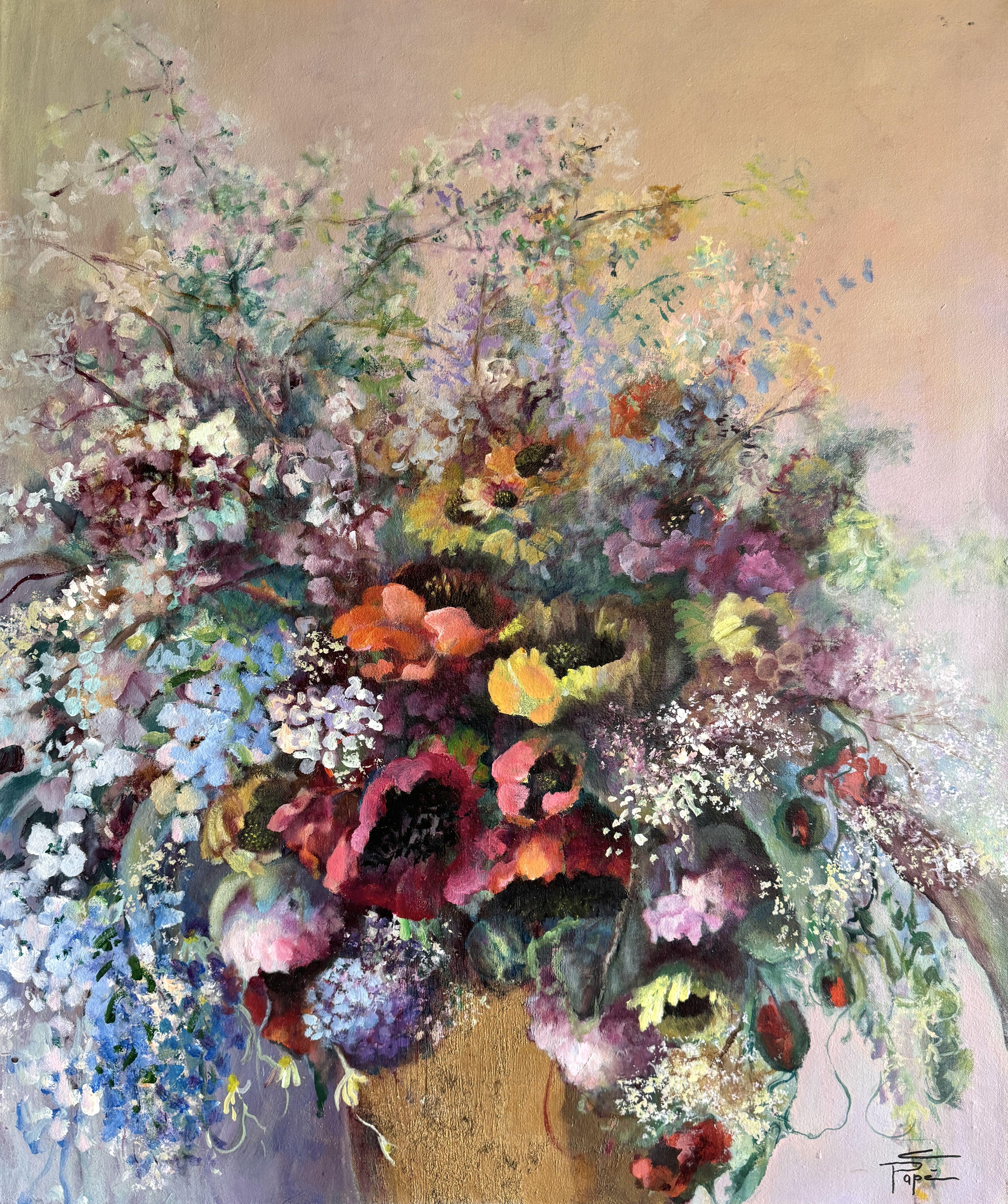 This hefty flower medley of sunflowers, poppies, hydrangeas, and delphiniums,Â  to name a few,Â Â needed a golden vase to accommodate its imposing display of rich colors.    Original painting 26 x 31", canvas stretched on wood stretcher    Signed on