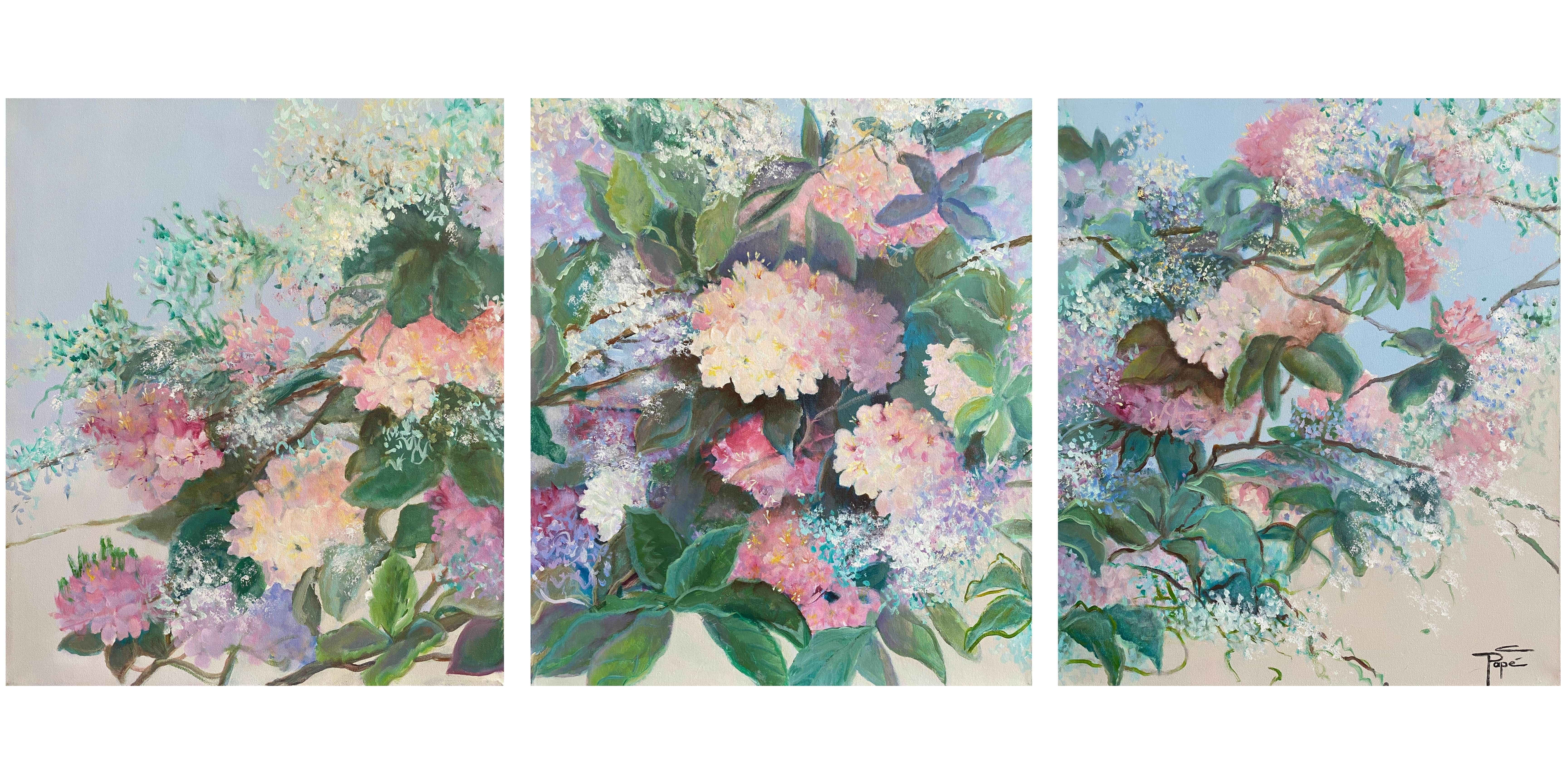 Hydrangea Triptychon, Gemälde, Acryl auf Leinwand – Painting von Christiane PapÃ©