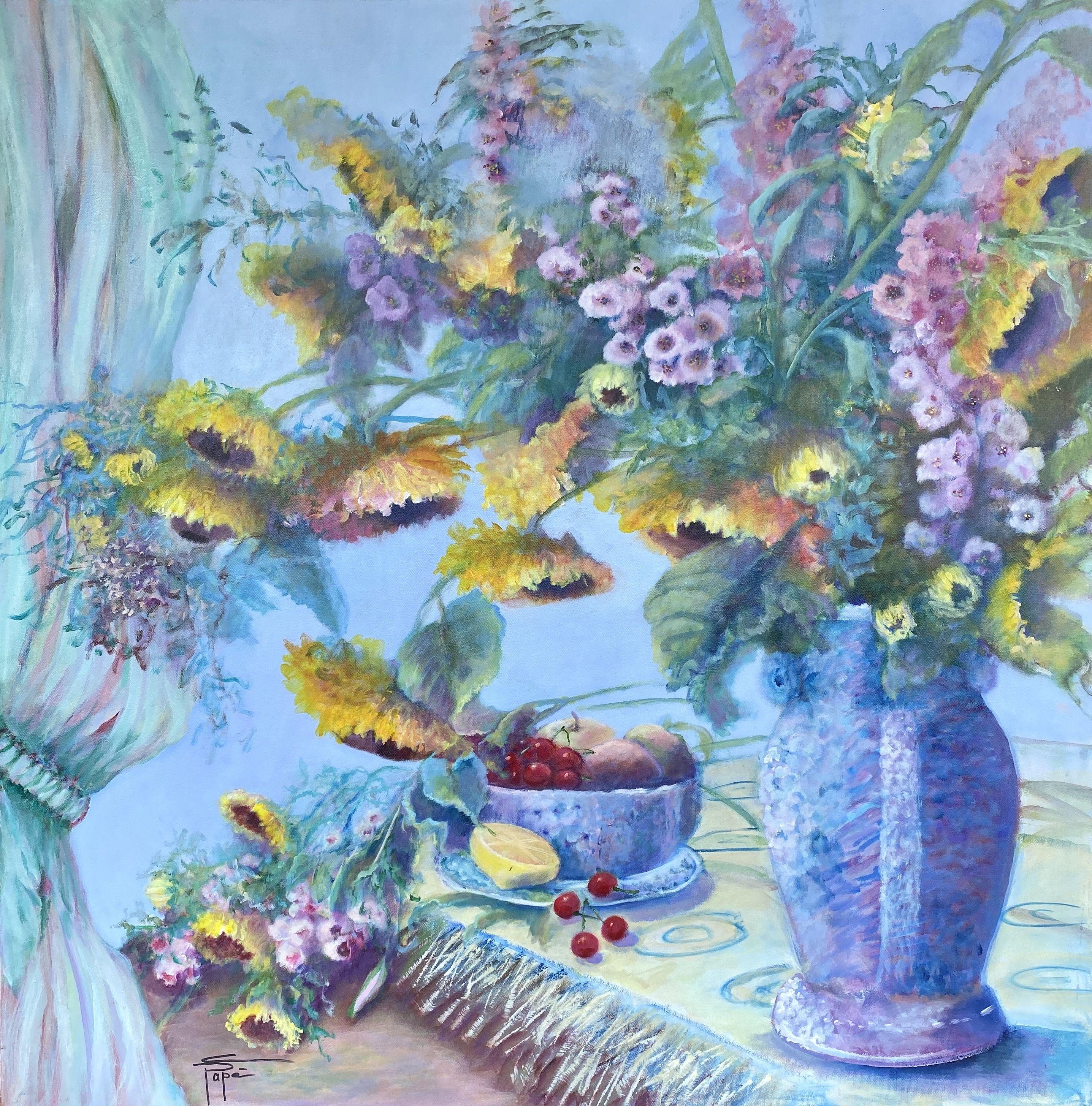 A blue vase on a table with a bouquet of freshly picked flowers. Sunflowers dominate the show.  :: Painting :: Realism :: This piece comes with an official certificate of authenticity signed by the artist :: Ready to Hang: Yes :: Signed: Yes ::